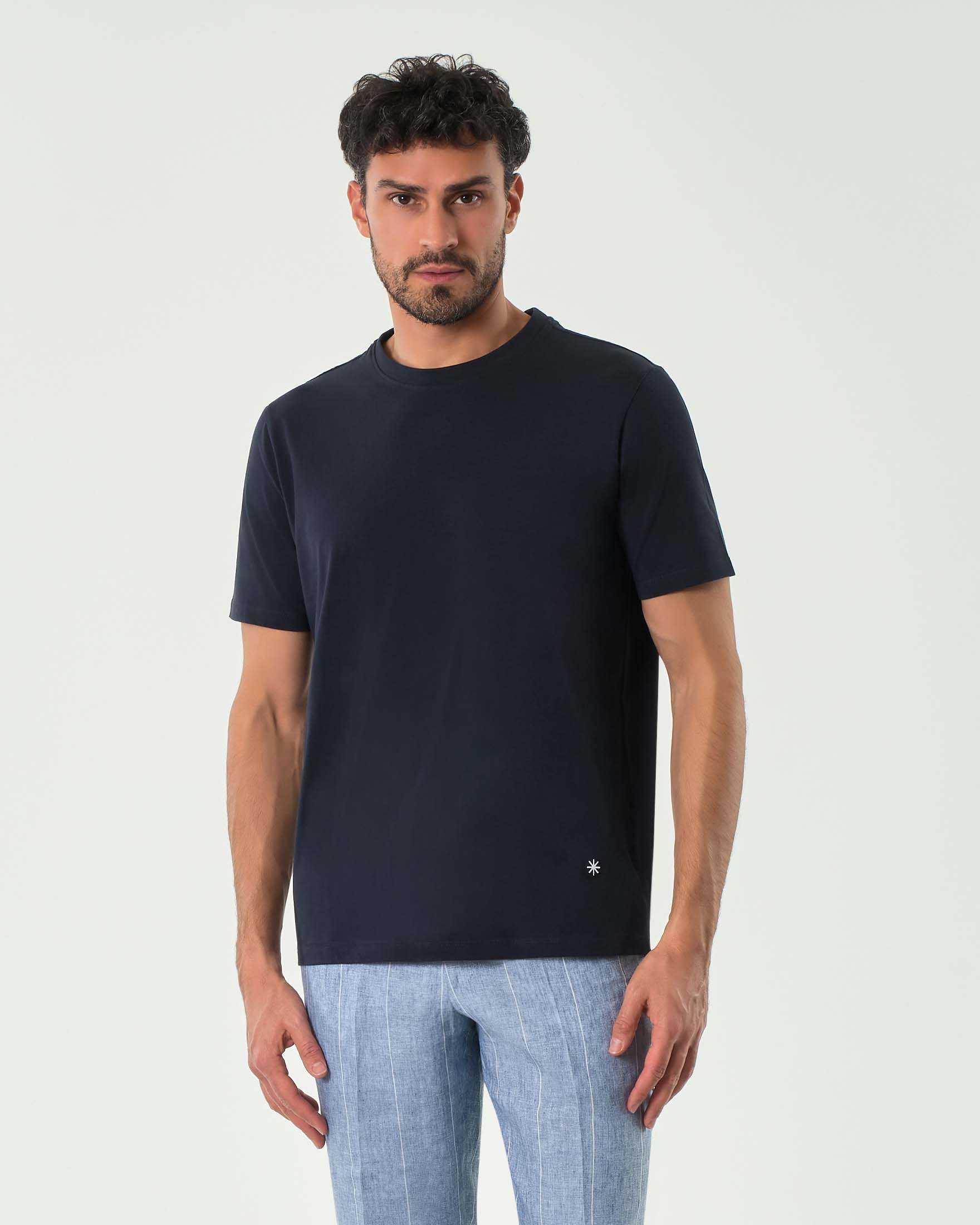 T-shirt blu mezza manica in cotone stretch