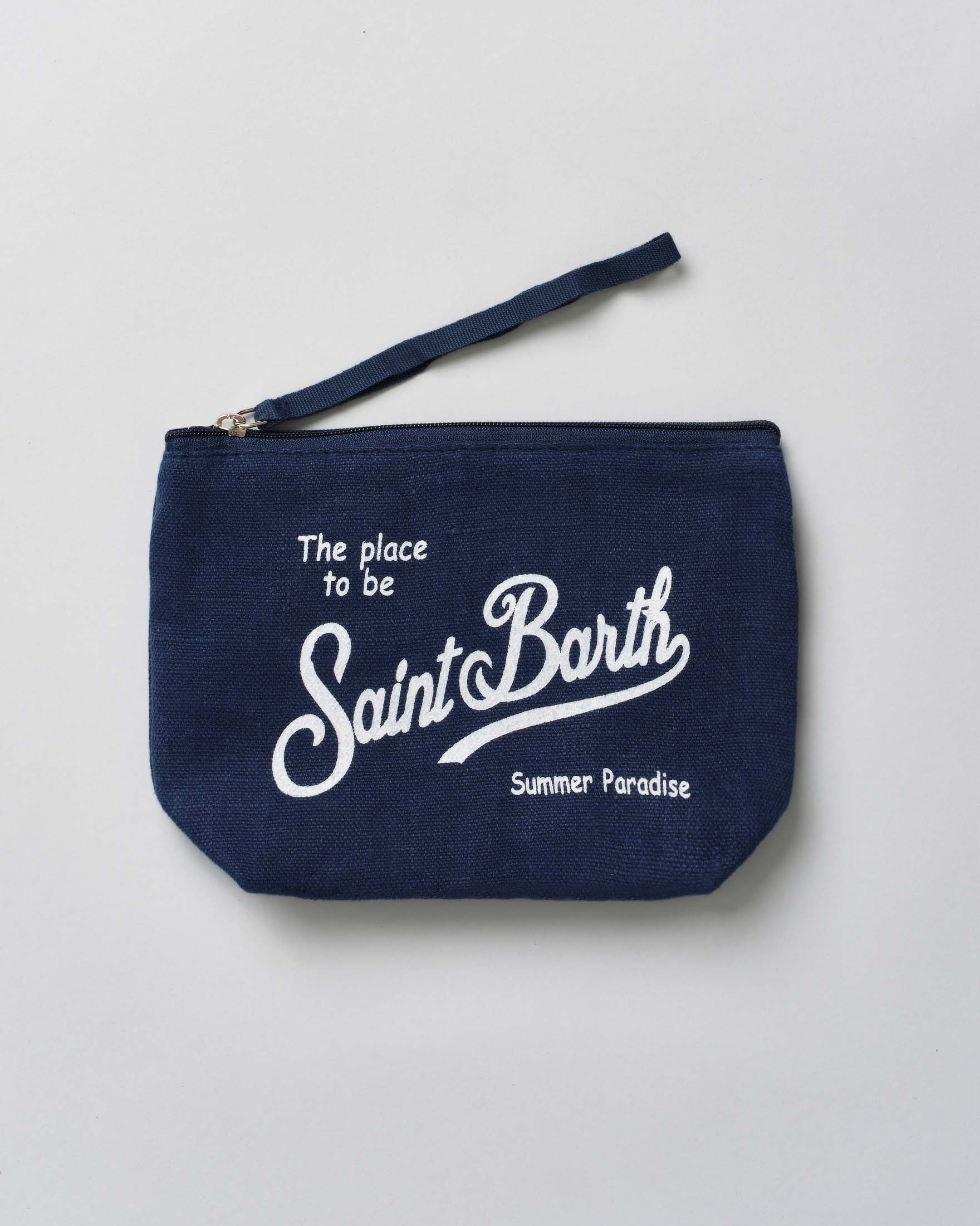 Pochette blu in lino con scritta logo bianca stampata