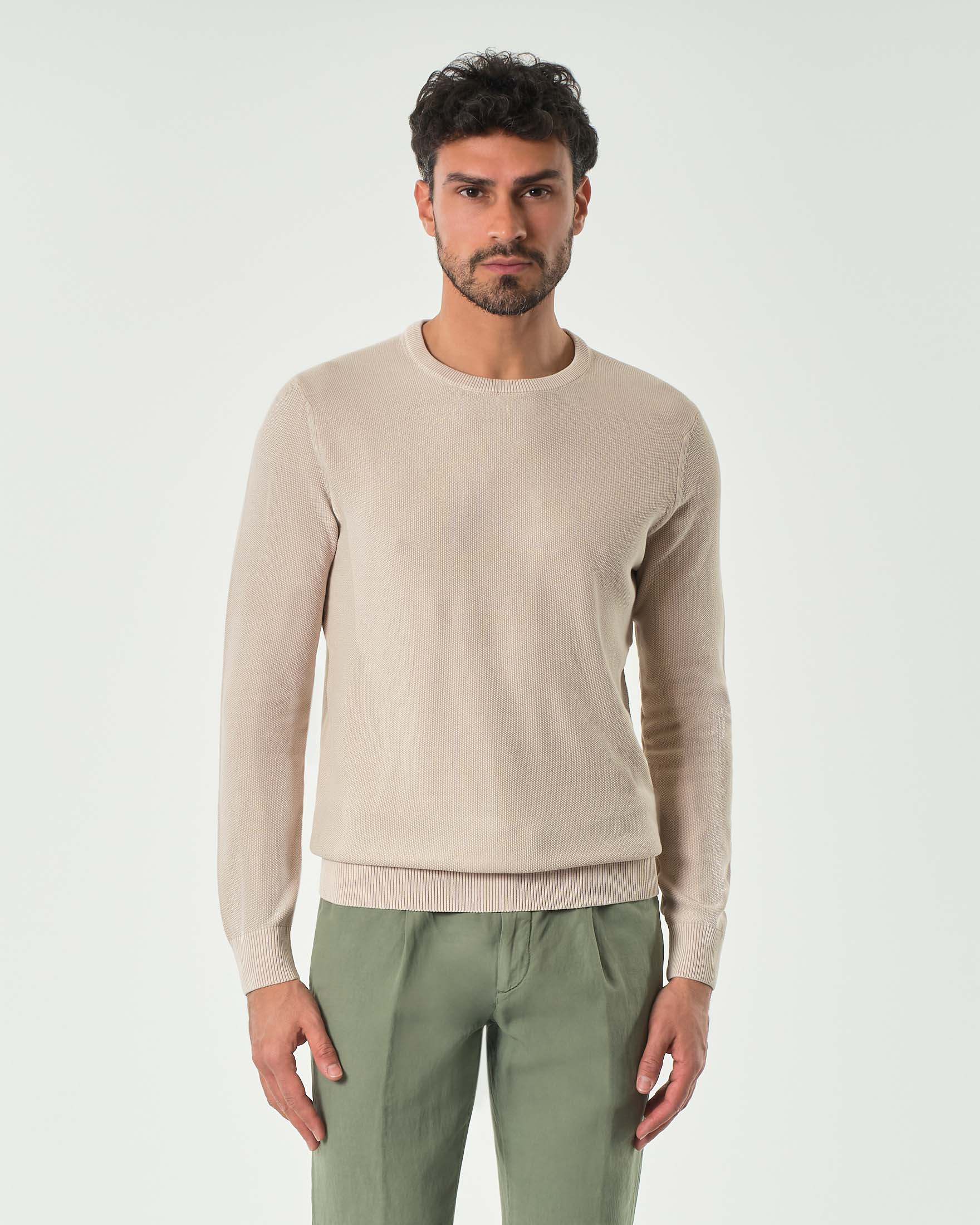 Maglia girocollo beige in puro cotone a grana di riso
