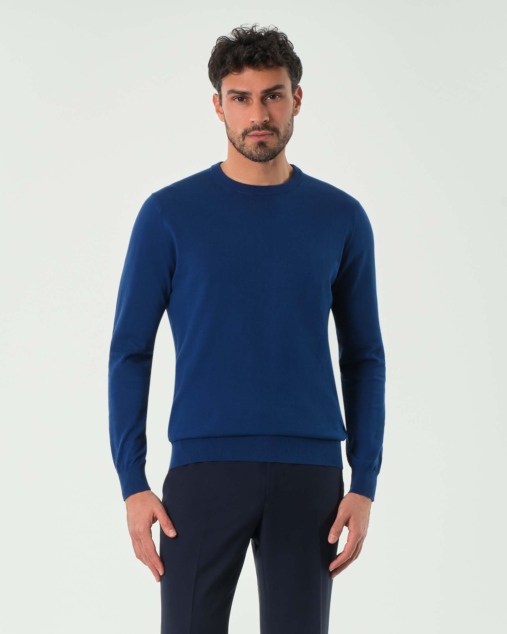 Maglioncino Pellizzari blu royal girocollo in crêpe di puro cotone