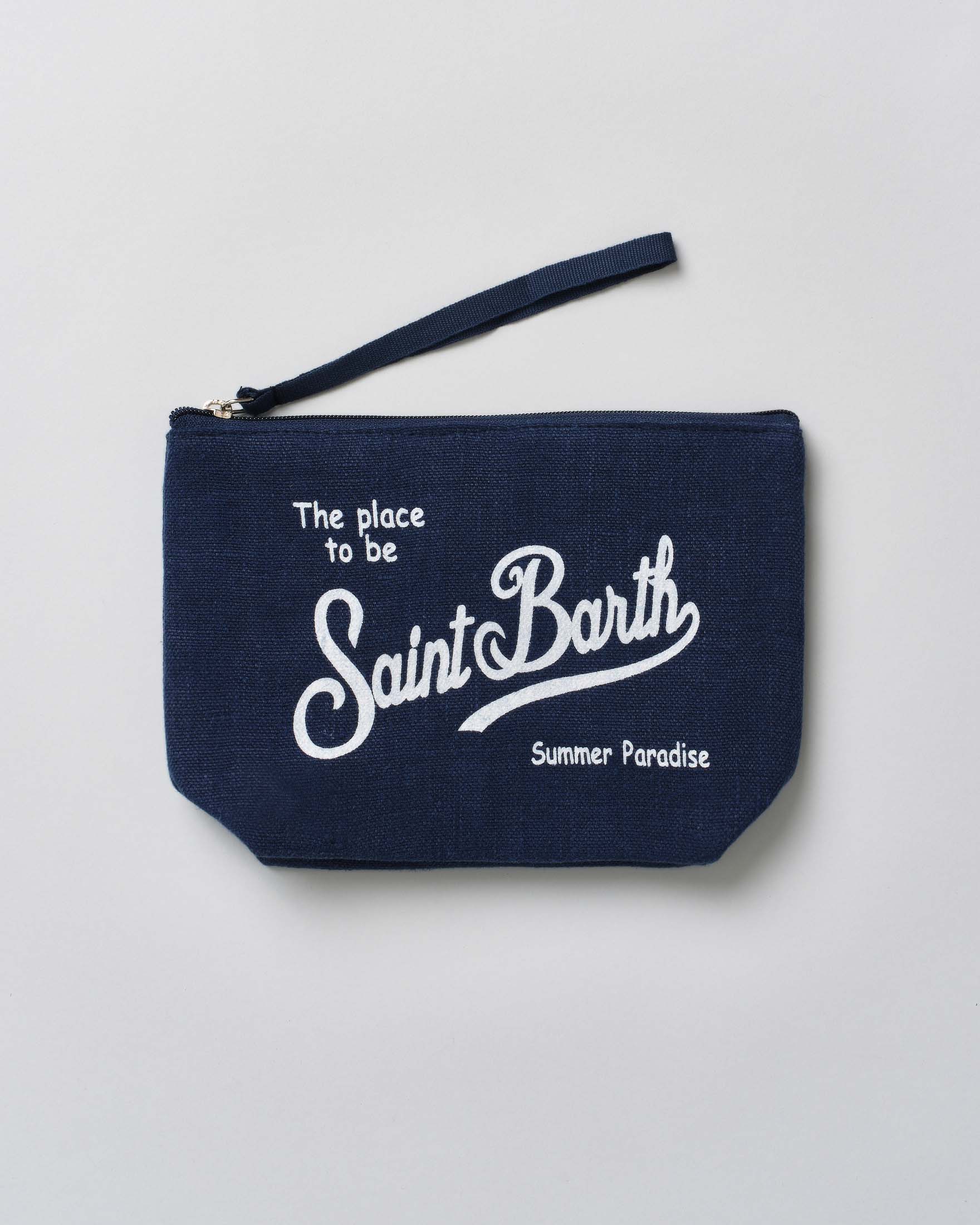 Pochette Aline blu in lino con scritta logo bianca stampata