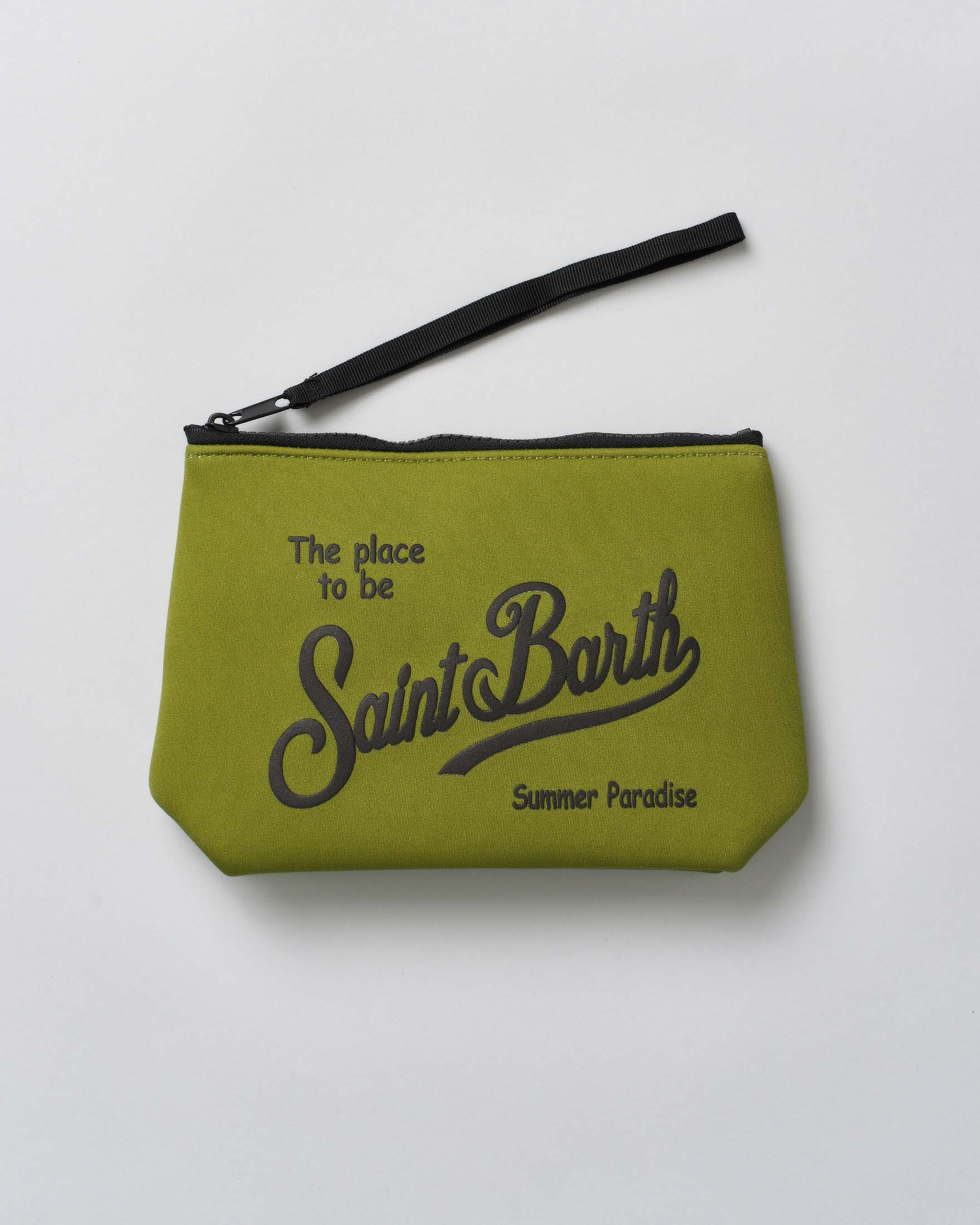 Pochette Aline verde militare in neoprene con logo nero