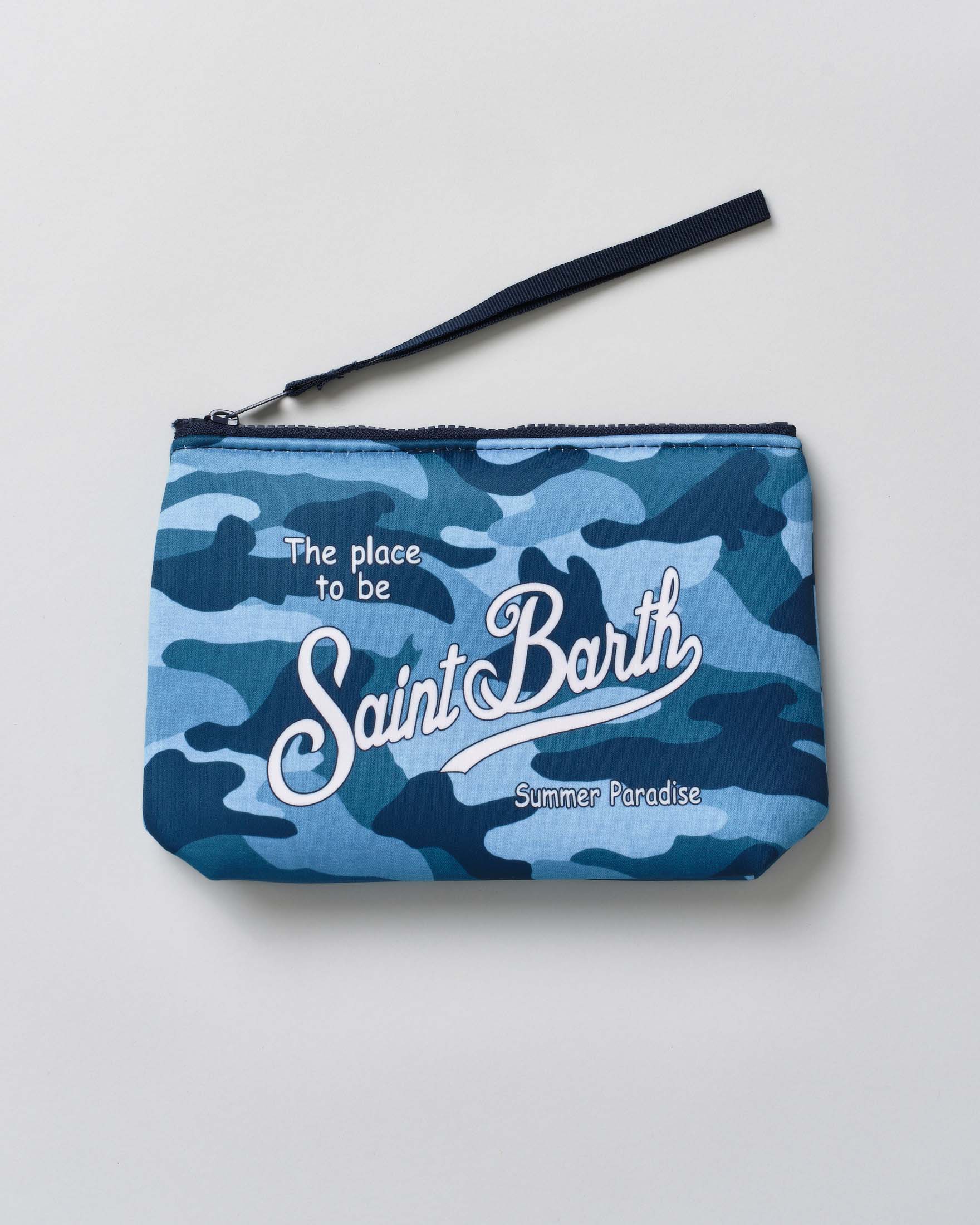 Pochette Aline blu in neoprene a fantasia camouflage