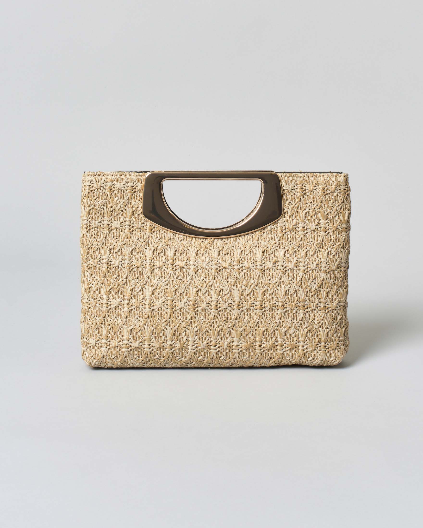 Pochette in raffia color naturale con manico incastonato in metallo dorato e tracolla staccabile