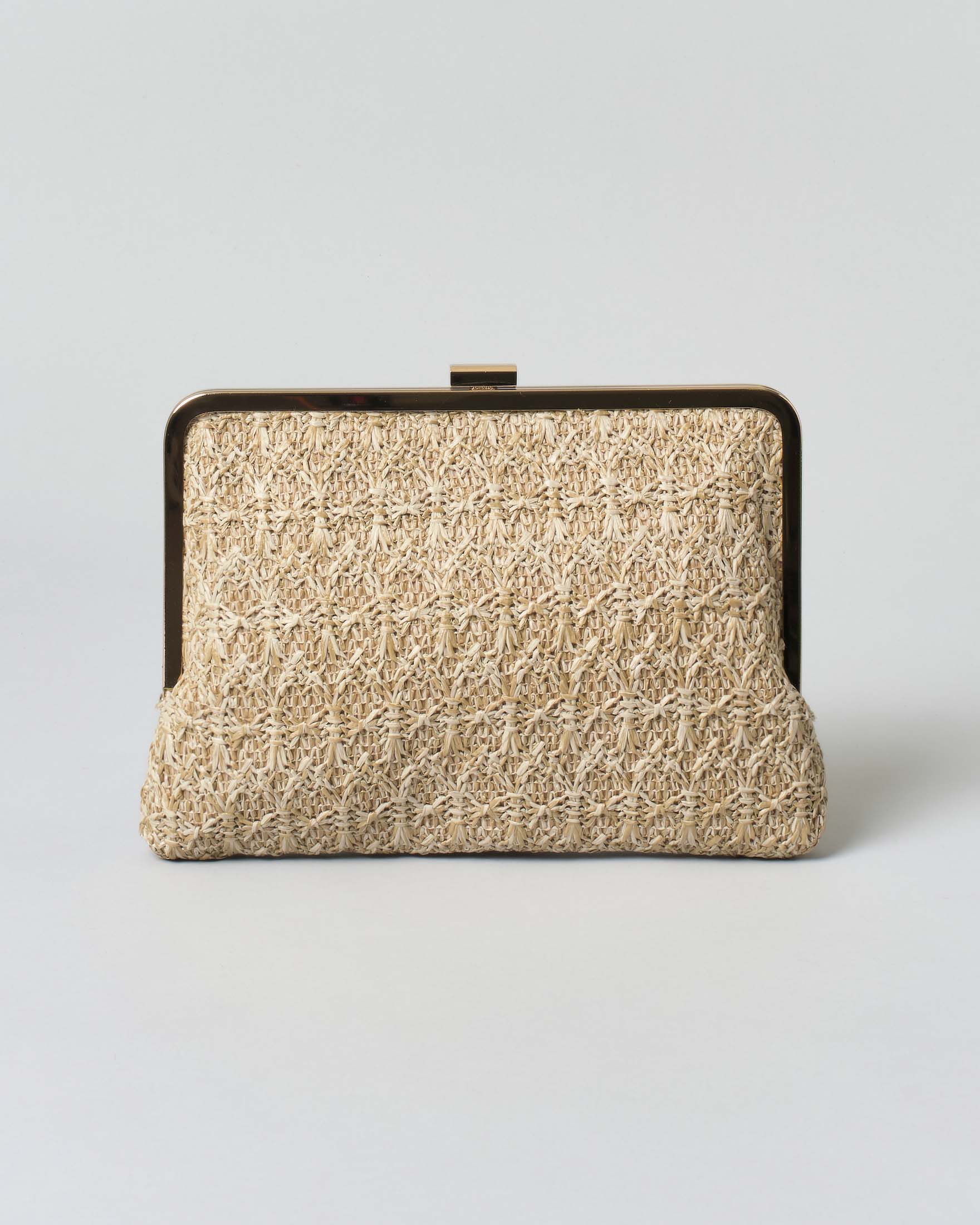 Pochette in raffia Anna Cecere in raffia color naturale a motivo jacquard con chiusura dorata
