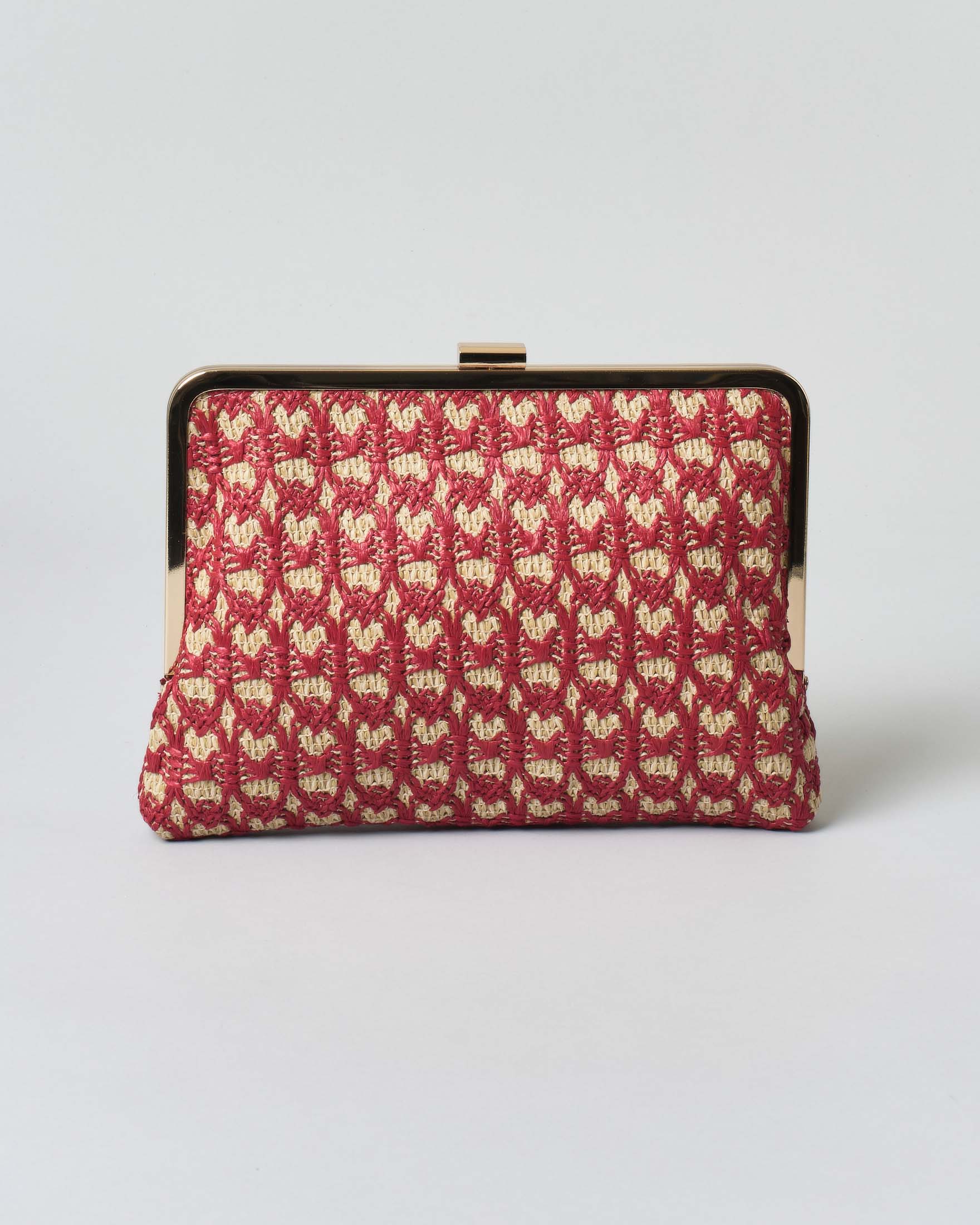 Pochette in raffia Anna Cecere in raffia color naturale e rossa a motivo jacquard con chiusura dorata