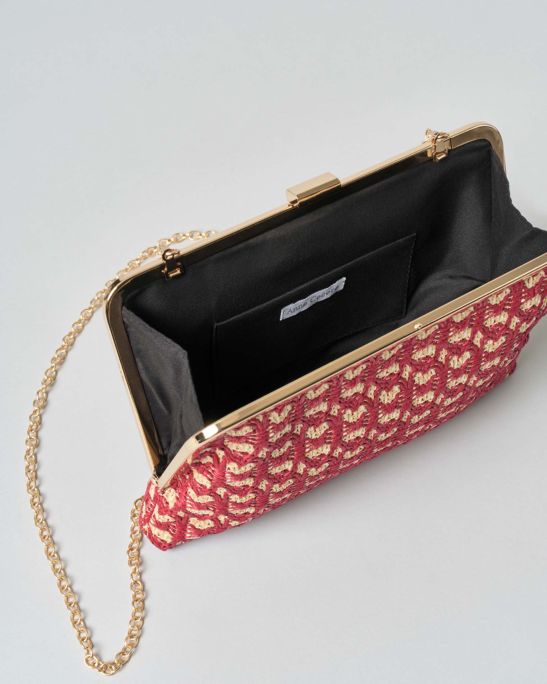 Pochette in raffia Anna Cecere in raffia color naturale e rossa a motivo jacquard con chiusura dorata image