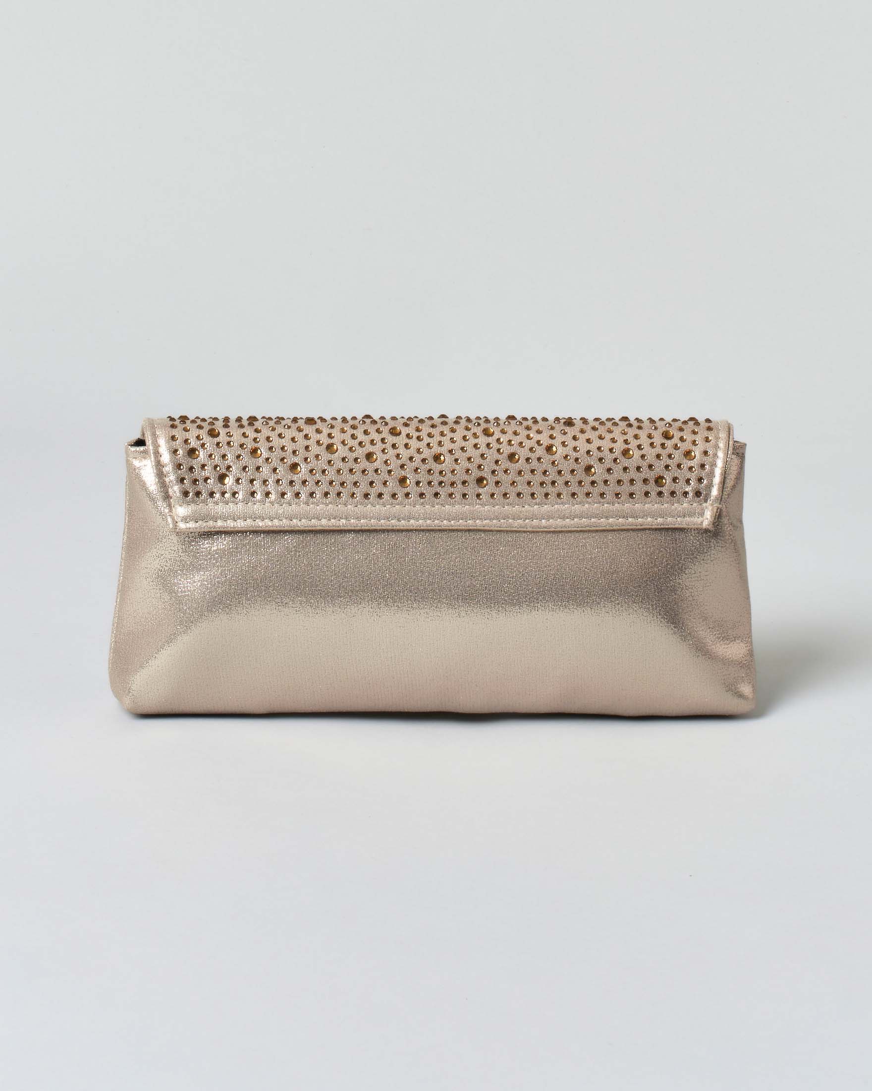 Pochette a busta Anna Cecere color oro con strass tono su tono applicati sulla patta di chiusura image