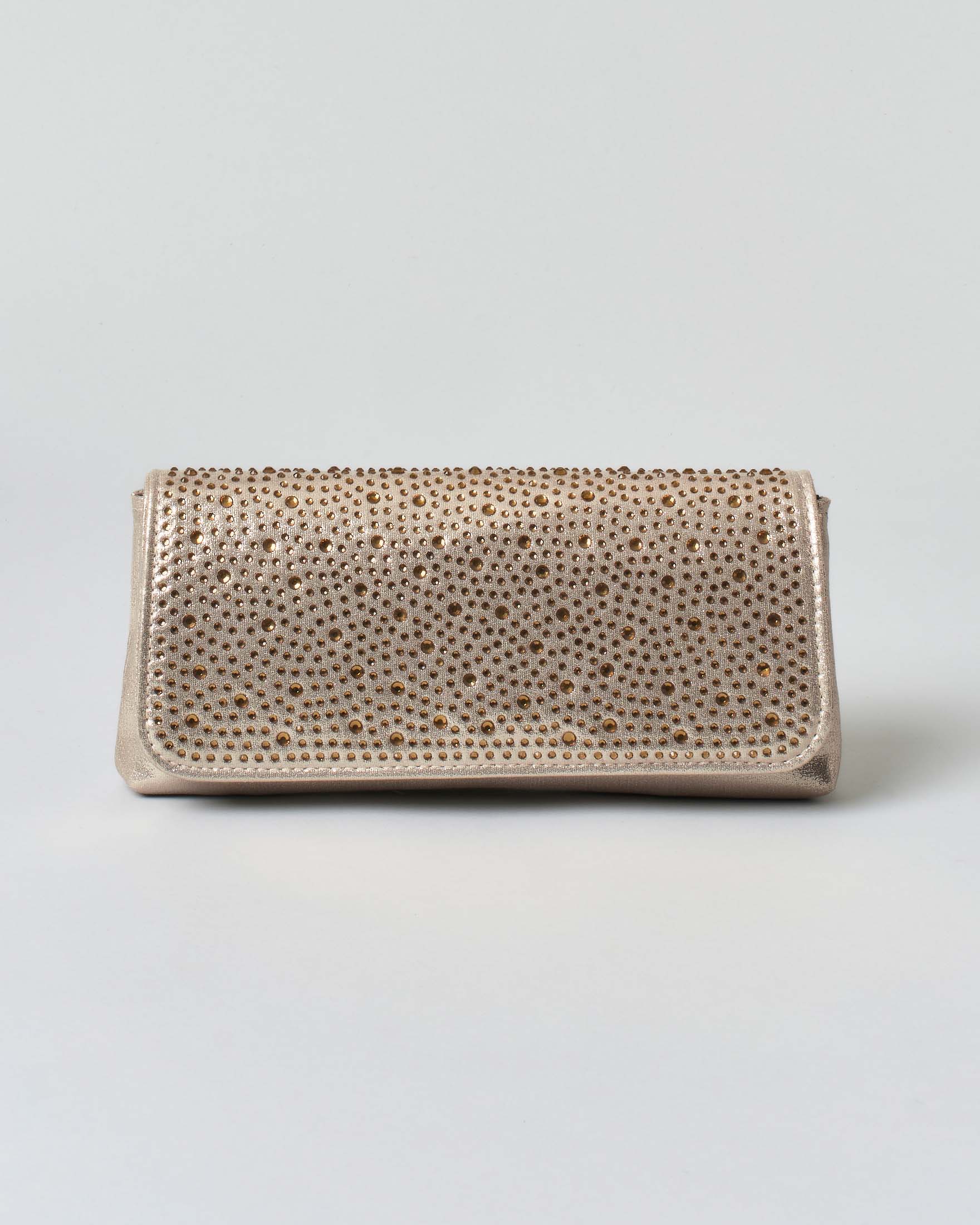 Pochette a busta Anna Cecere color oro con strass tono su tono applicati sulla patta di chiusura