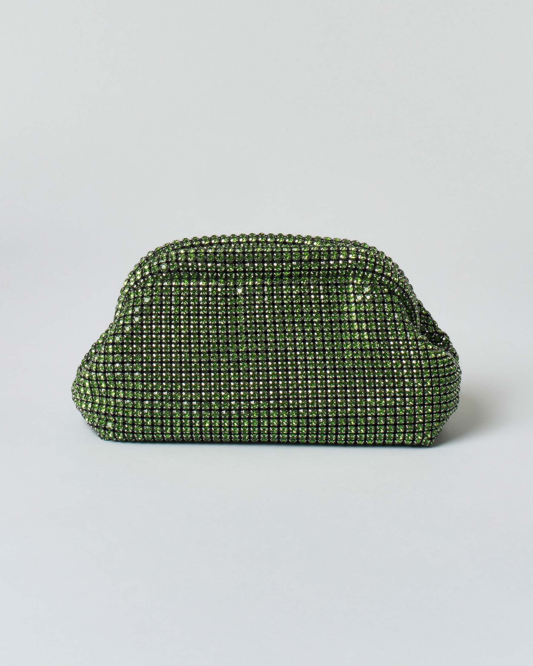 Pochette in maglia di strass verde con chiusura a scatto