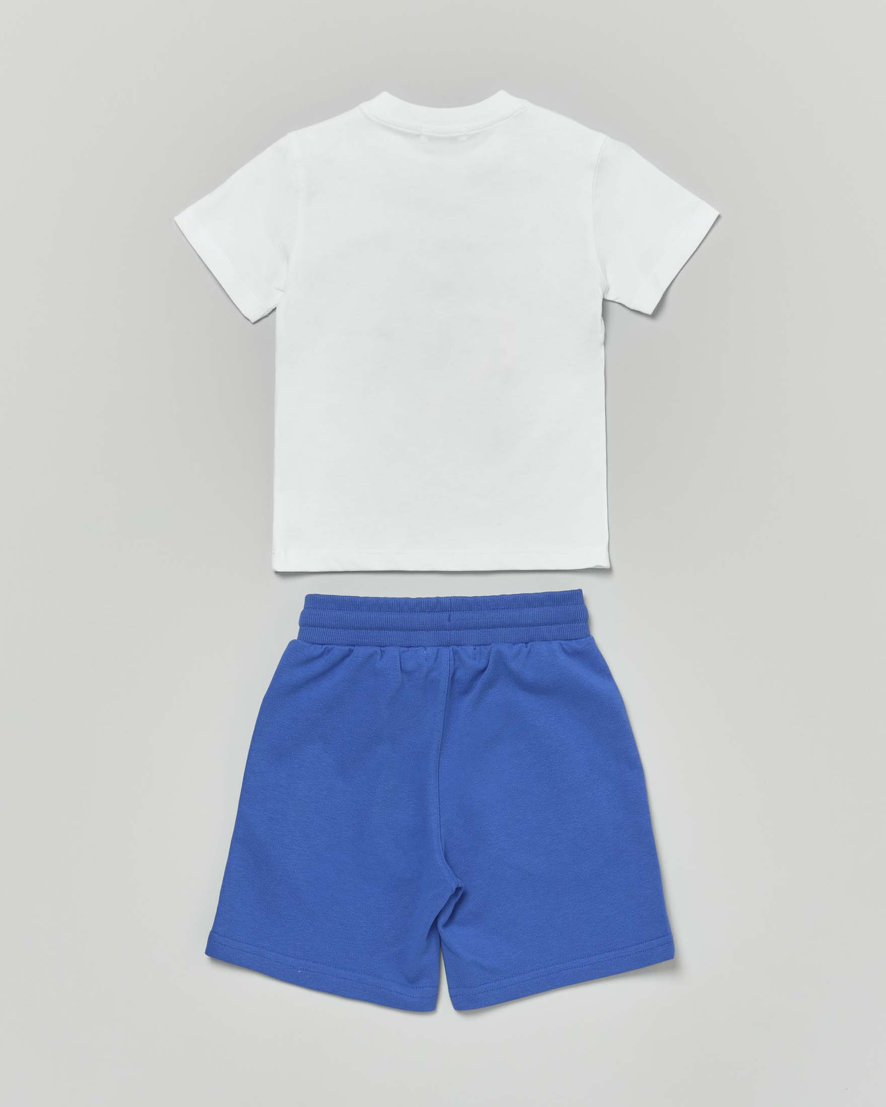 Completo Jeckerson t-shirt bianca e bermuda blu royal in felpa di cotone con stampa logo scritta