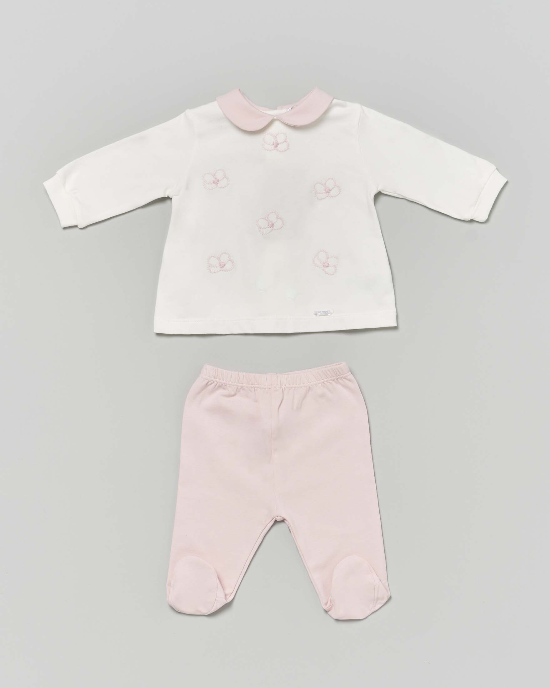 Completo nascita Lalalù bianco e rosa con fiori ricamati