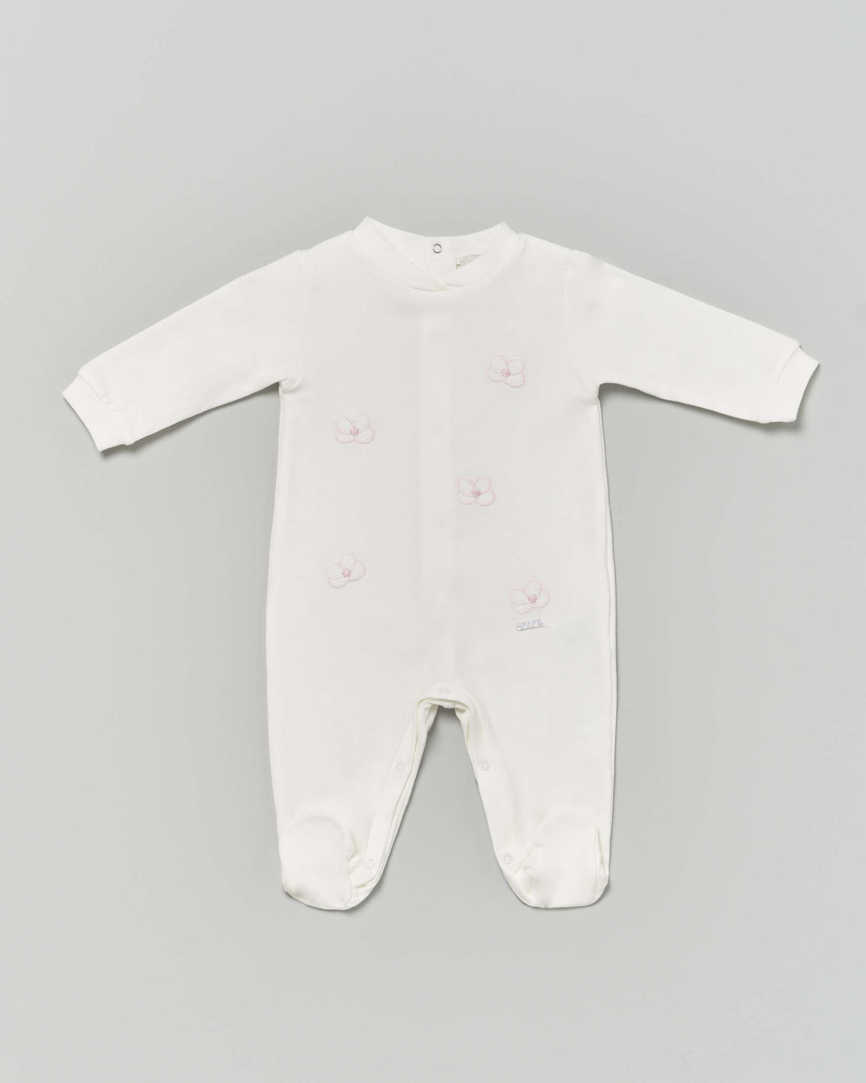Tutina avorio in cotone stretch con fiori rosa ricamati