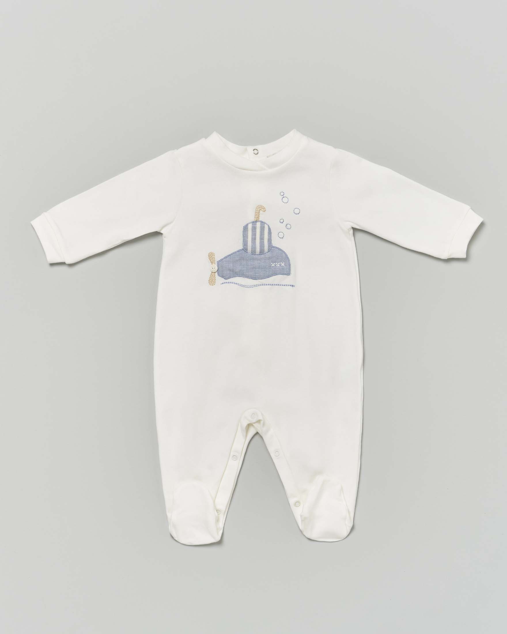 Tutina avorio in cotone stretch con ricamo sommergibile
