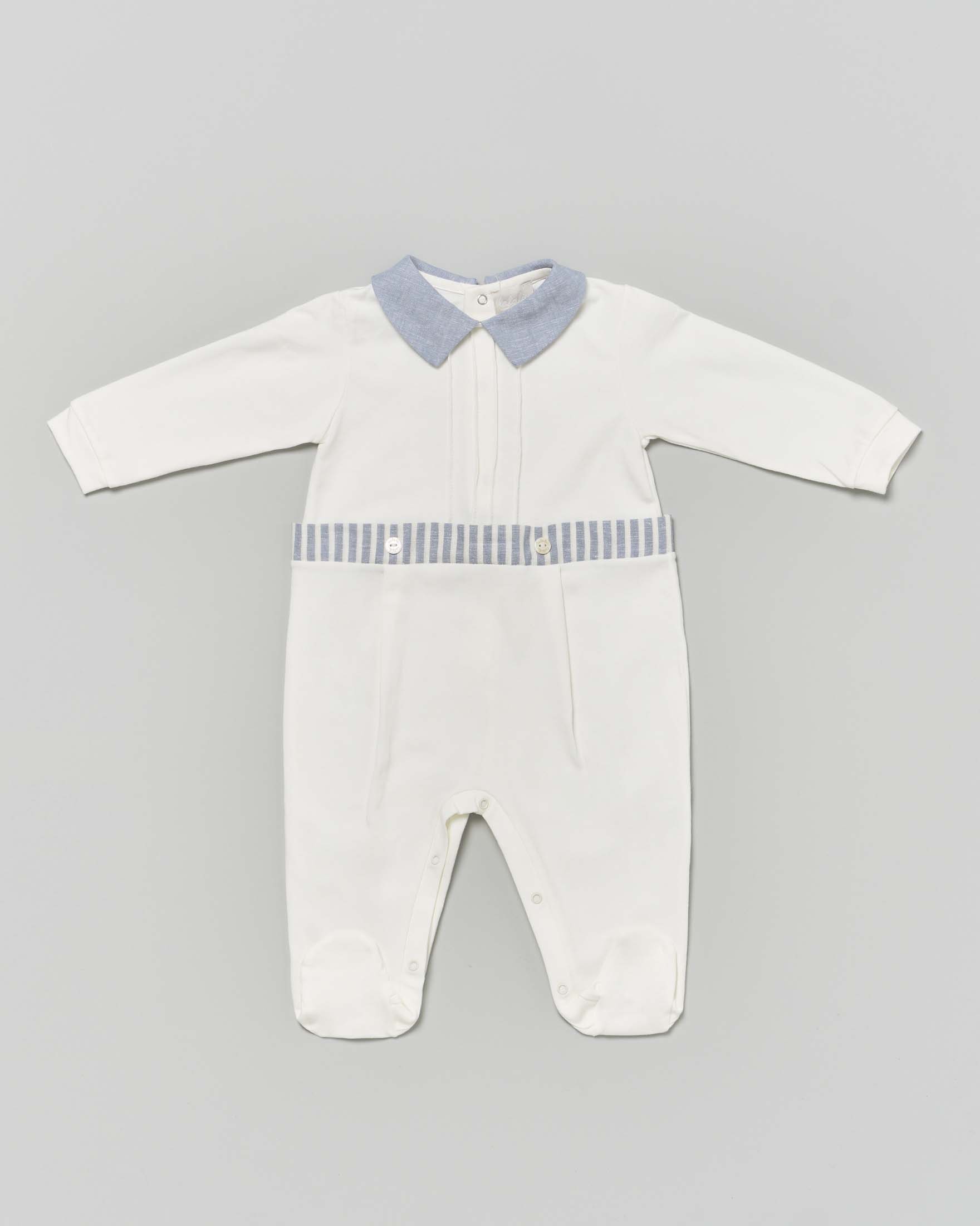 Tutina avorio in cotone stretch con colletto e dettagli azzurri
