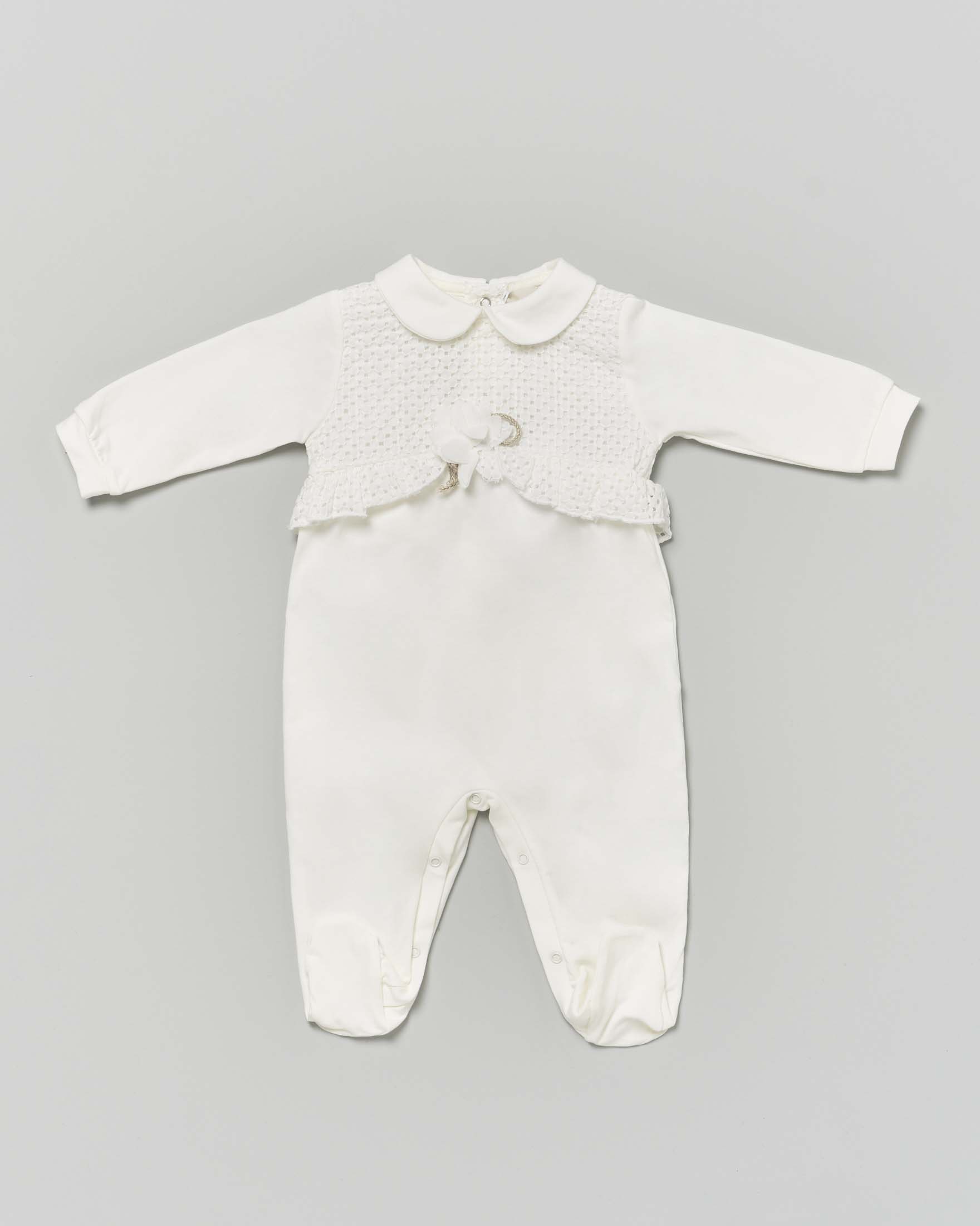Tutina avorio in cotone stretch con colletto stondato e inserto in pizzo sangallo