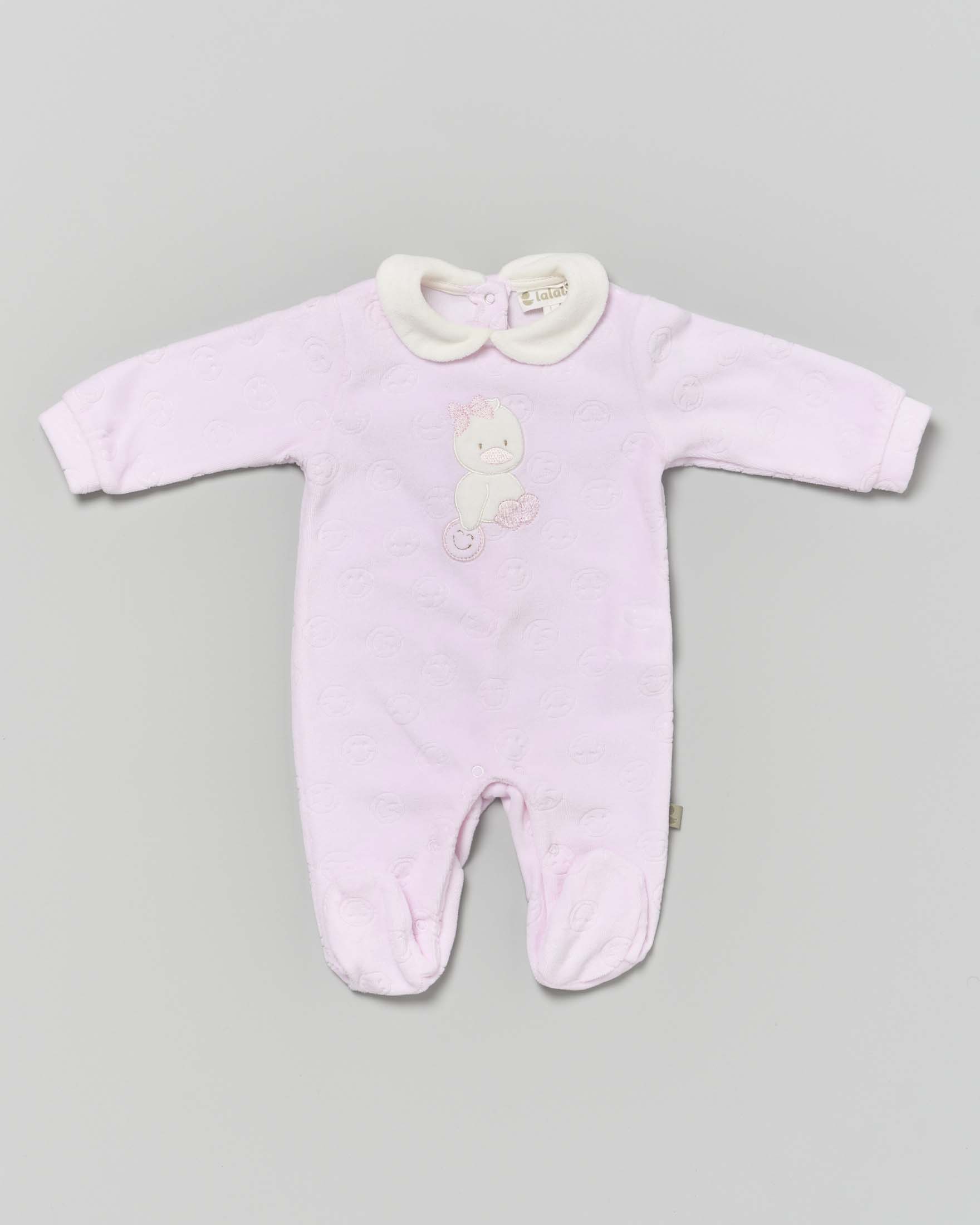 Tutina rosa in ciniglia con paperella e motivo smiles