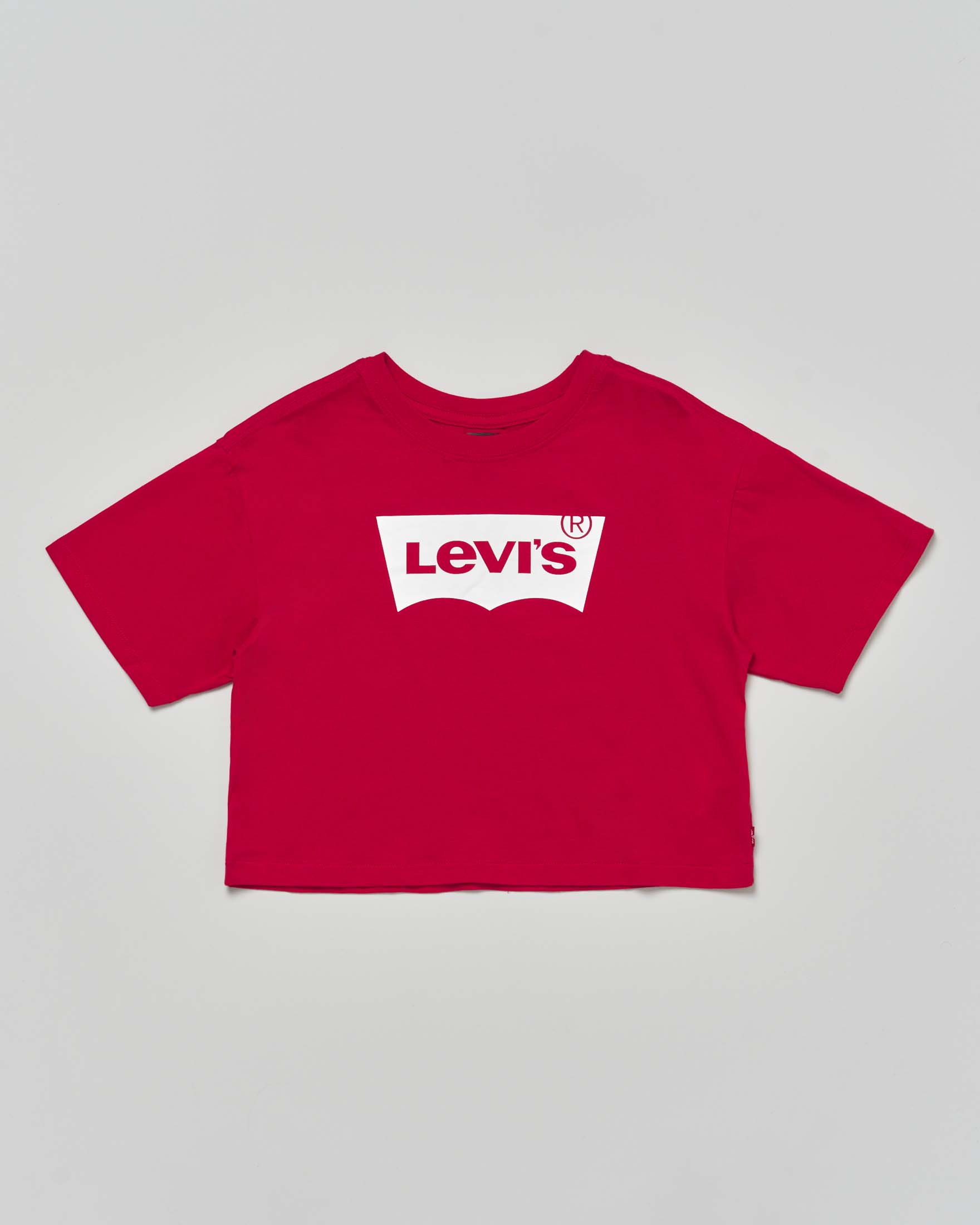 T-shirt cropped Levi's rossa mezza manica con logo batwing bianco