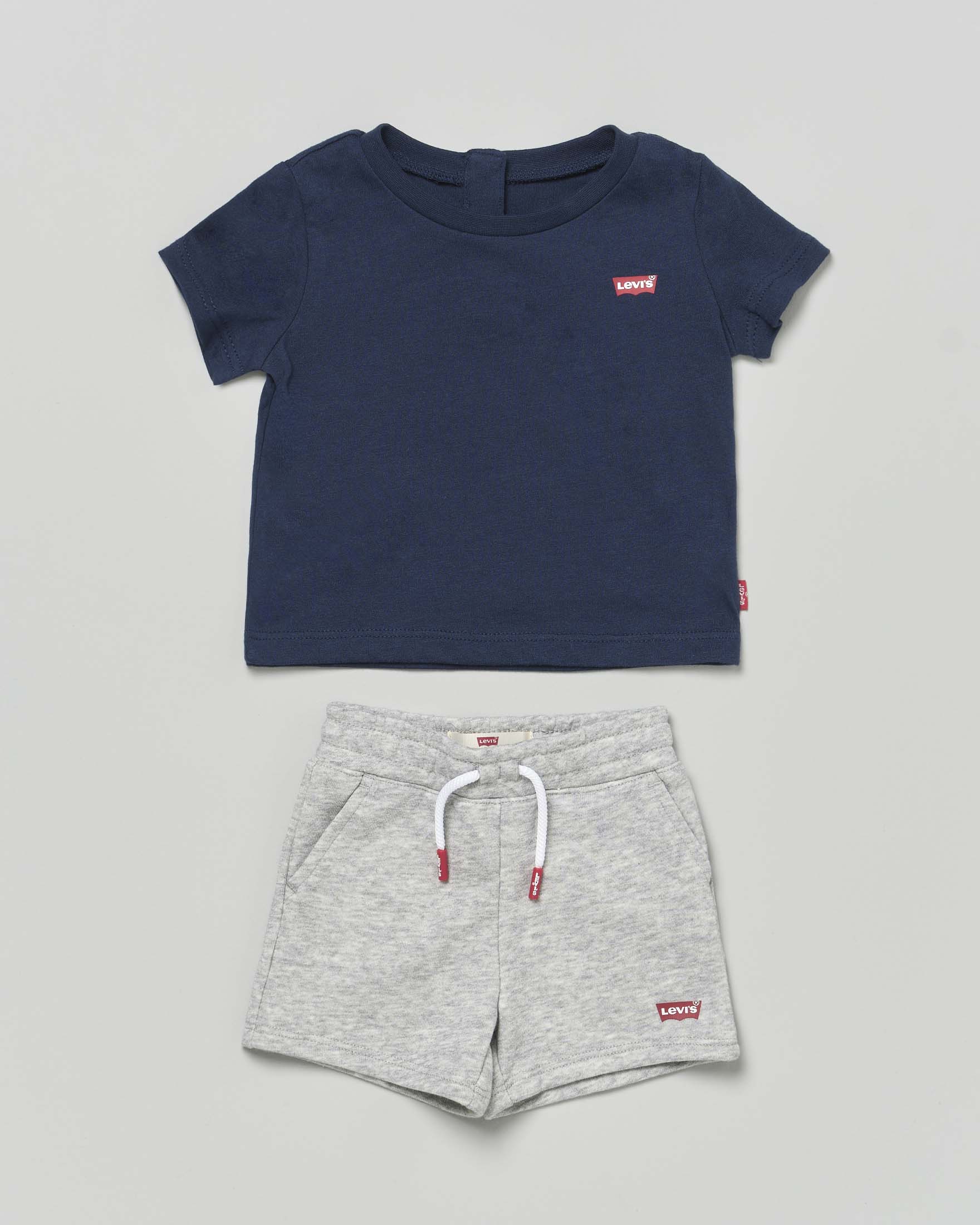 Completo Levi's t-shirt blu e bermuda felpa grigio melange