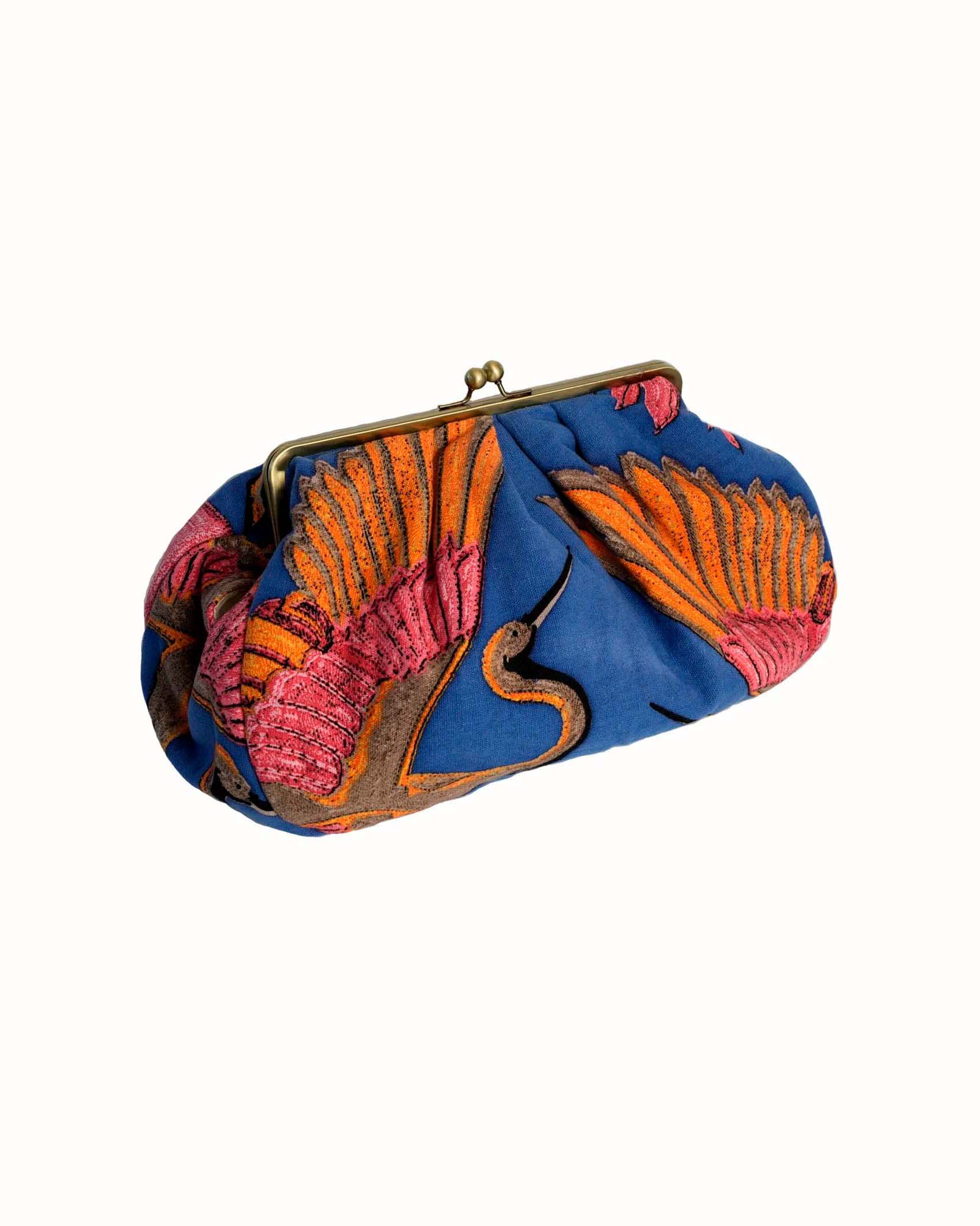 Borsa a mano blu China in cotone organico a fantasia arioni arnacioni e fucsia con chiusura a in metallo