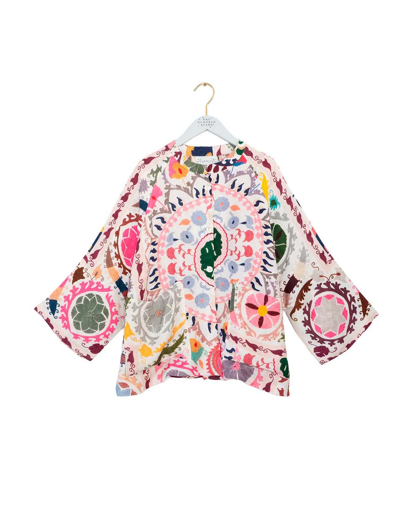Kimono corto bianco in modal e cupro a fantasia crochet multicolore