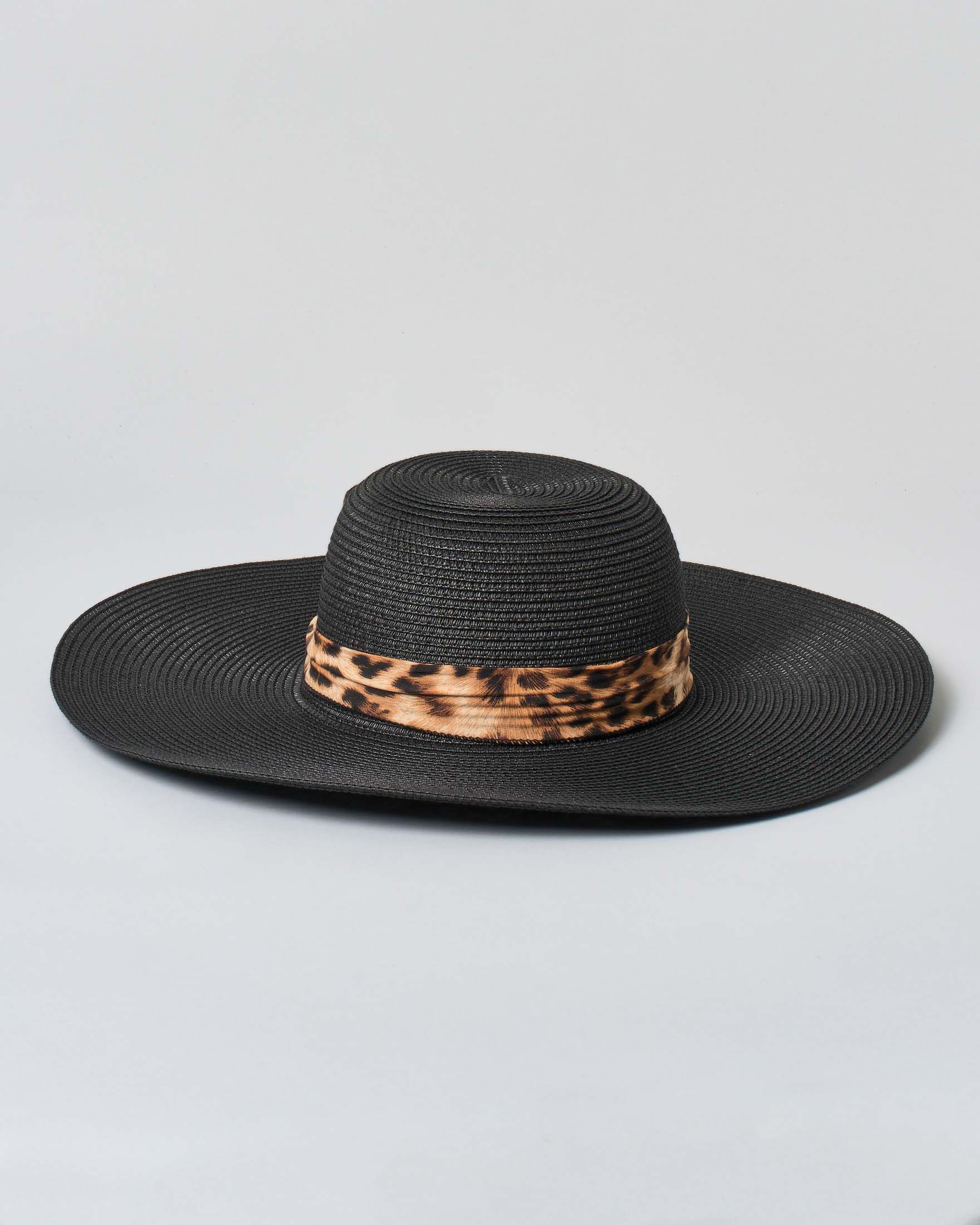 Cappello Hlo! nero a tesa larga in simil raffia con cinta a fantasia animalier image