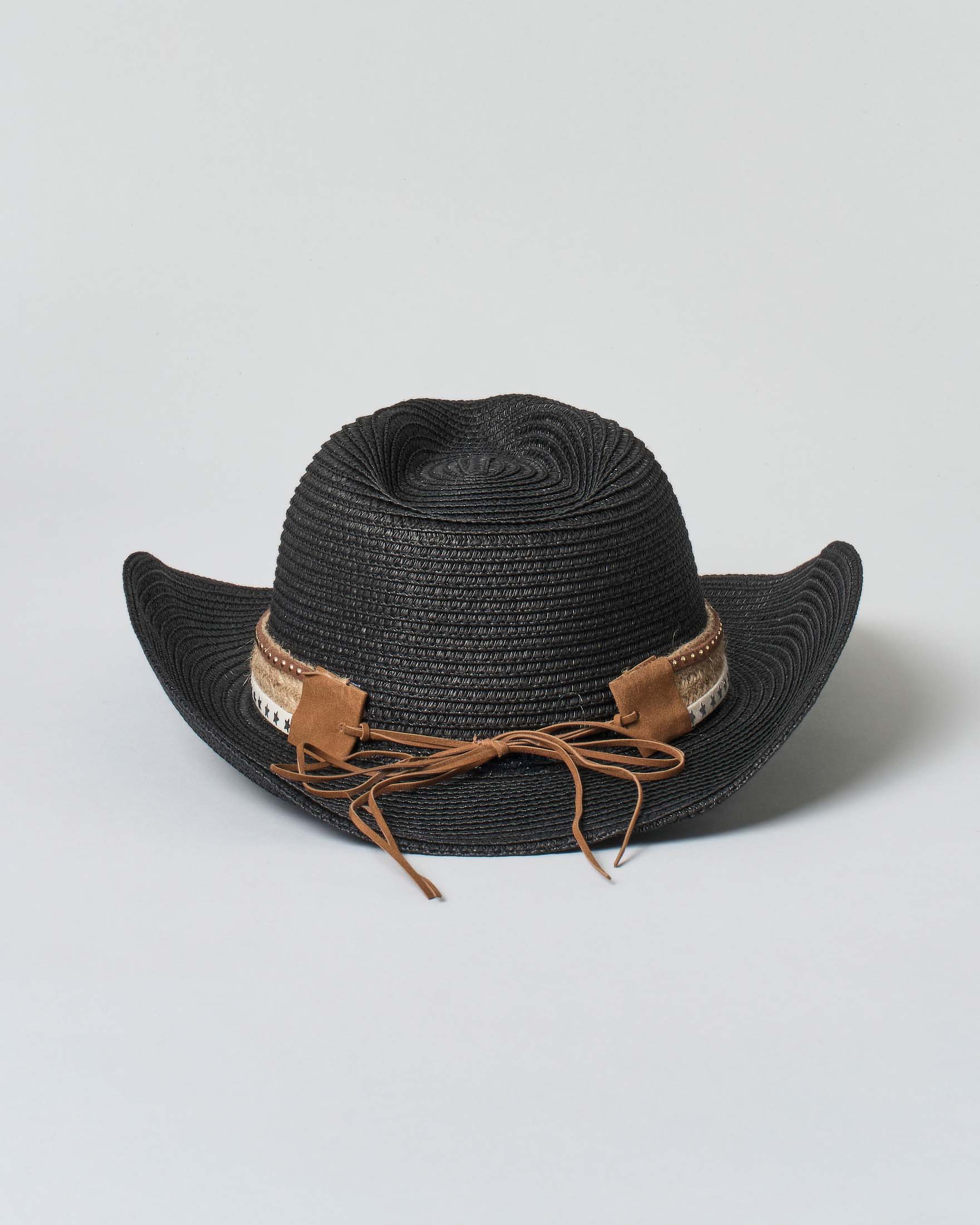 Cappello texano Hlo! nero in raffia con pietre applicate sulla cinta image