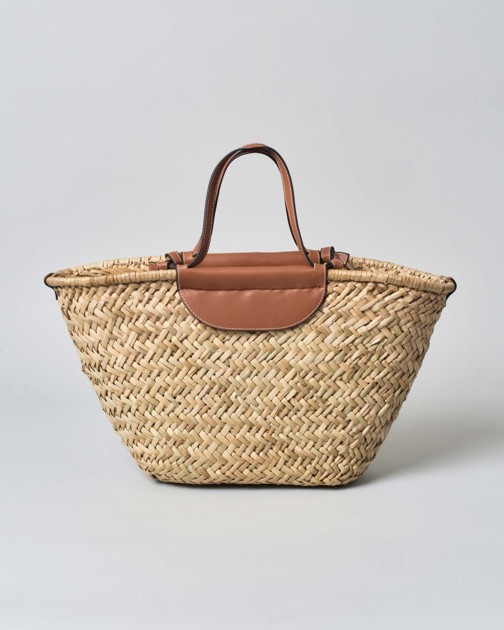 Shopping bag in paglia naturale con manici e mascherina in pelle color cuoio