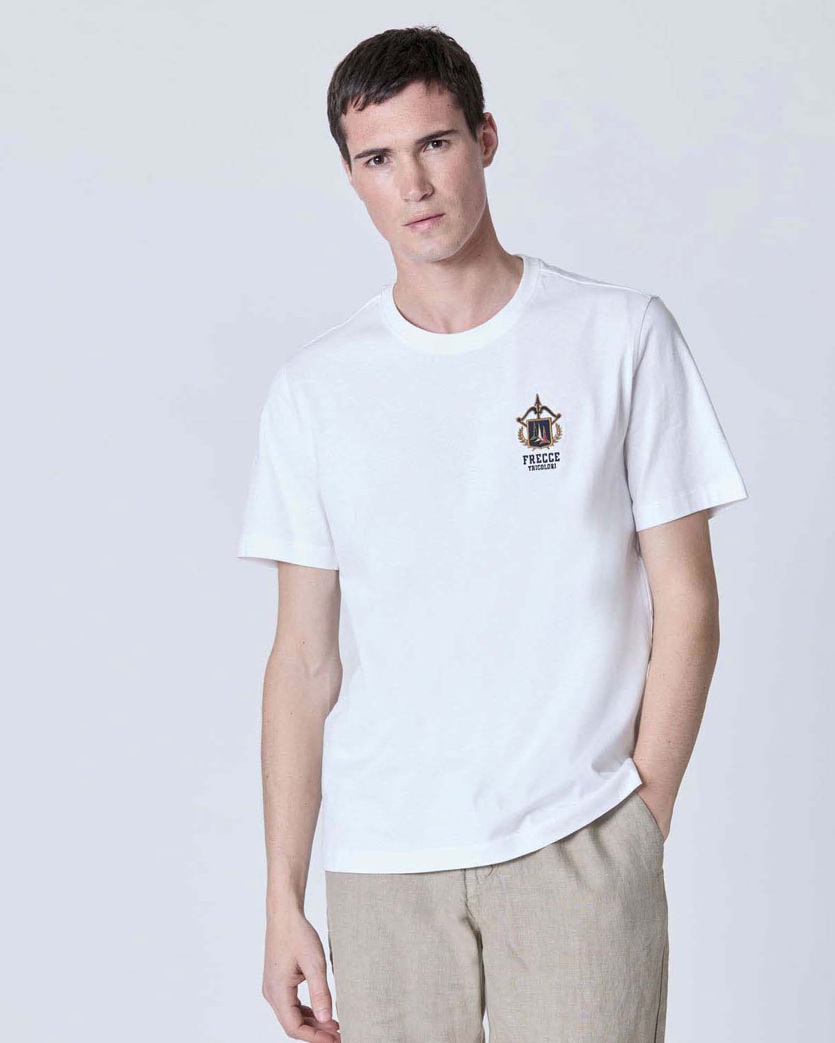 T-shirt Aeronautica Militare bianca mezza manica in jersey di puro cotone con ricamo Frecce Tricolori