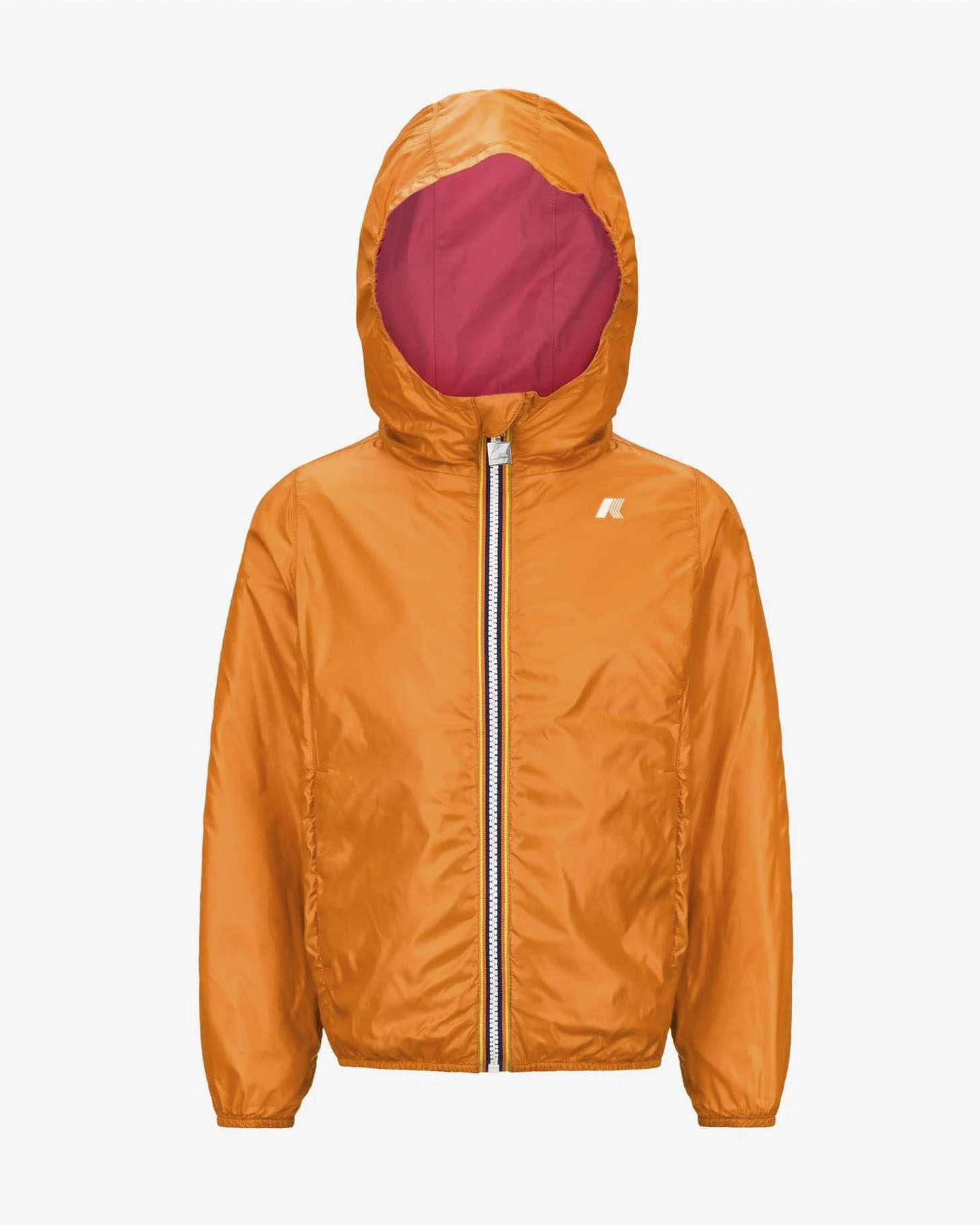 Giubbino K-way P. Lily fucsia in nylon reversibile in arancione lucido con cappuccio fisso