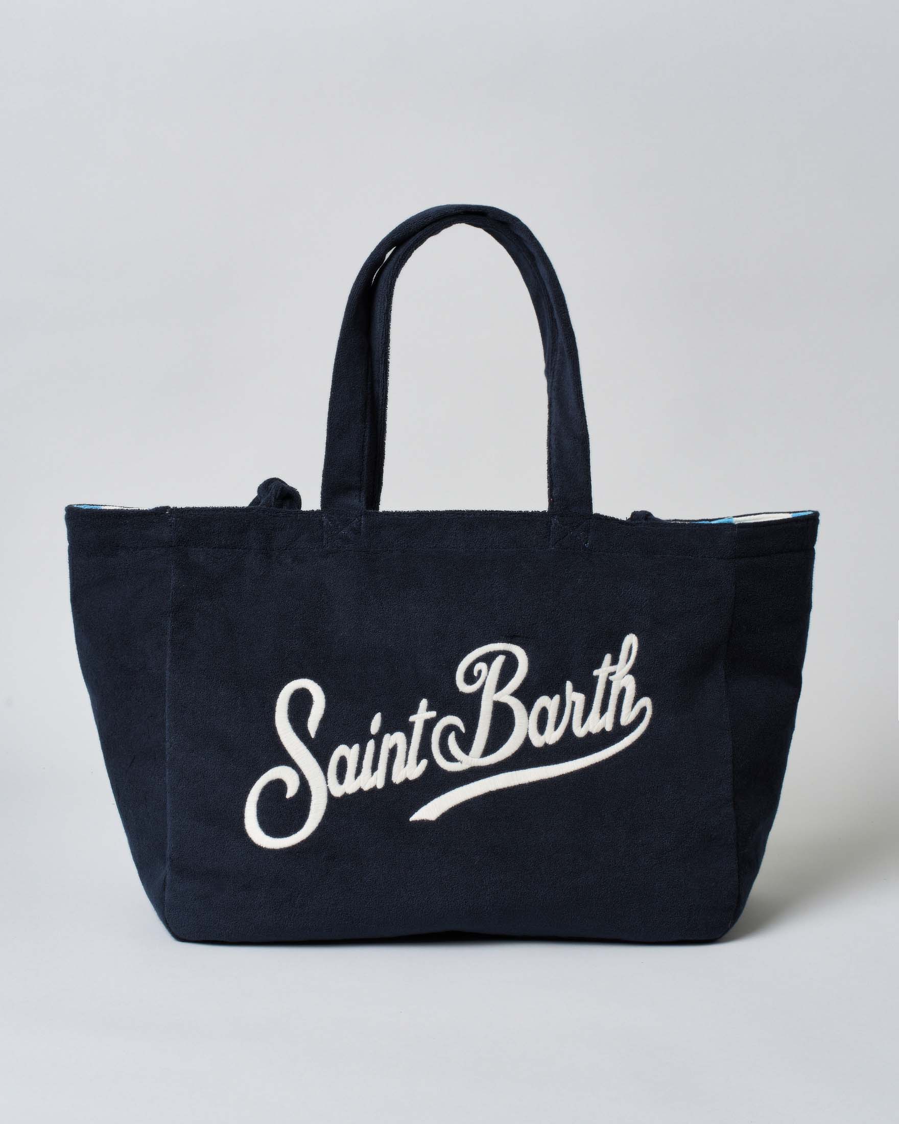 Borsa Terry double face in spugna a righe bianche e azzurre con scritta ricamata