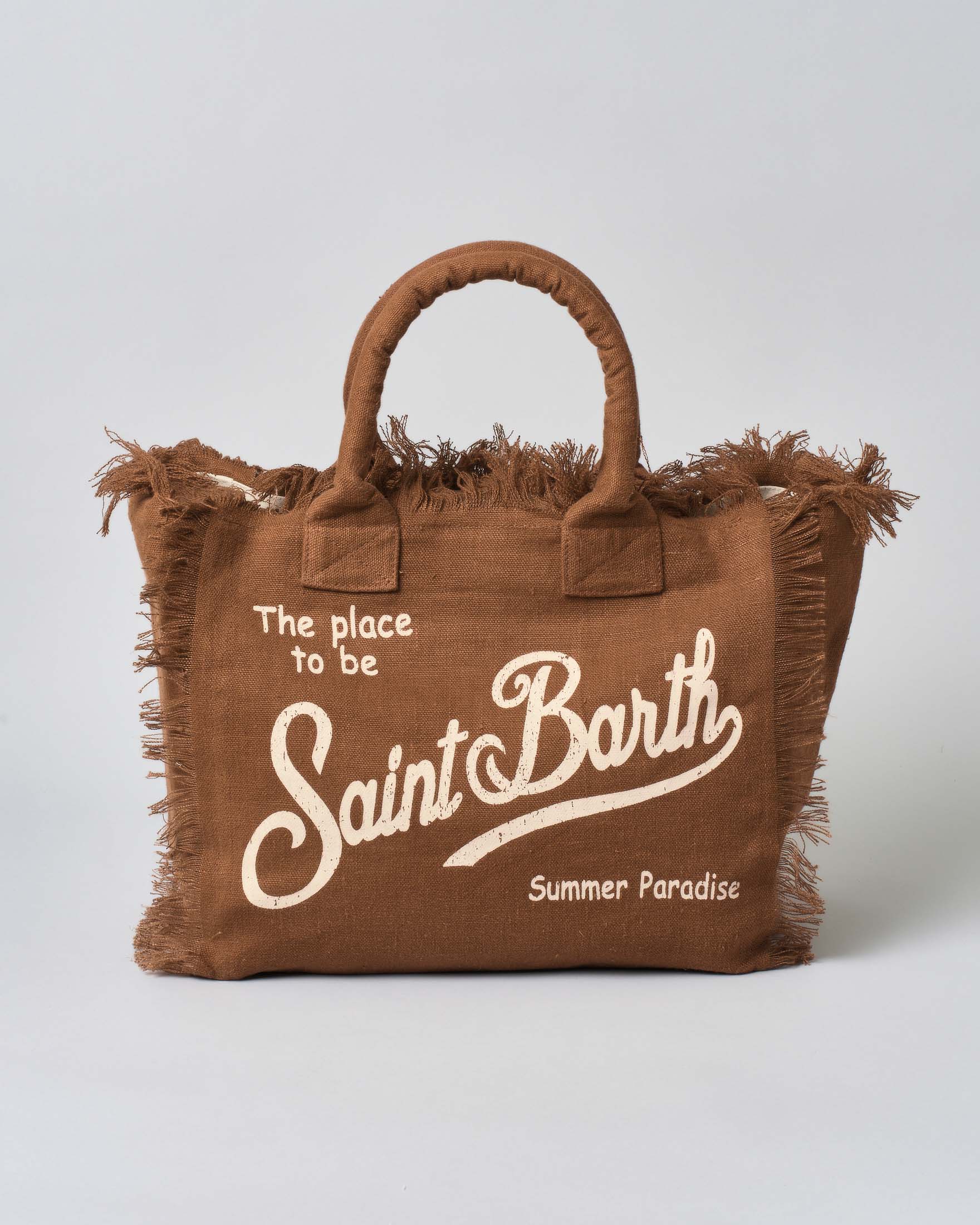 Borsa Vanity marrone in lino con scritta logo bianca stampata e frange lungo i profili