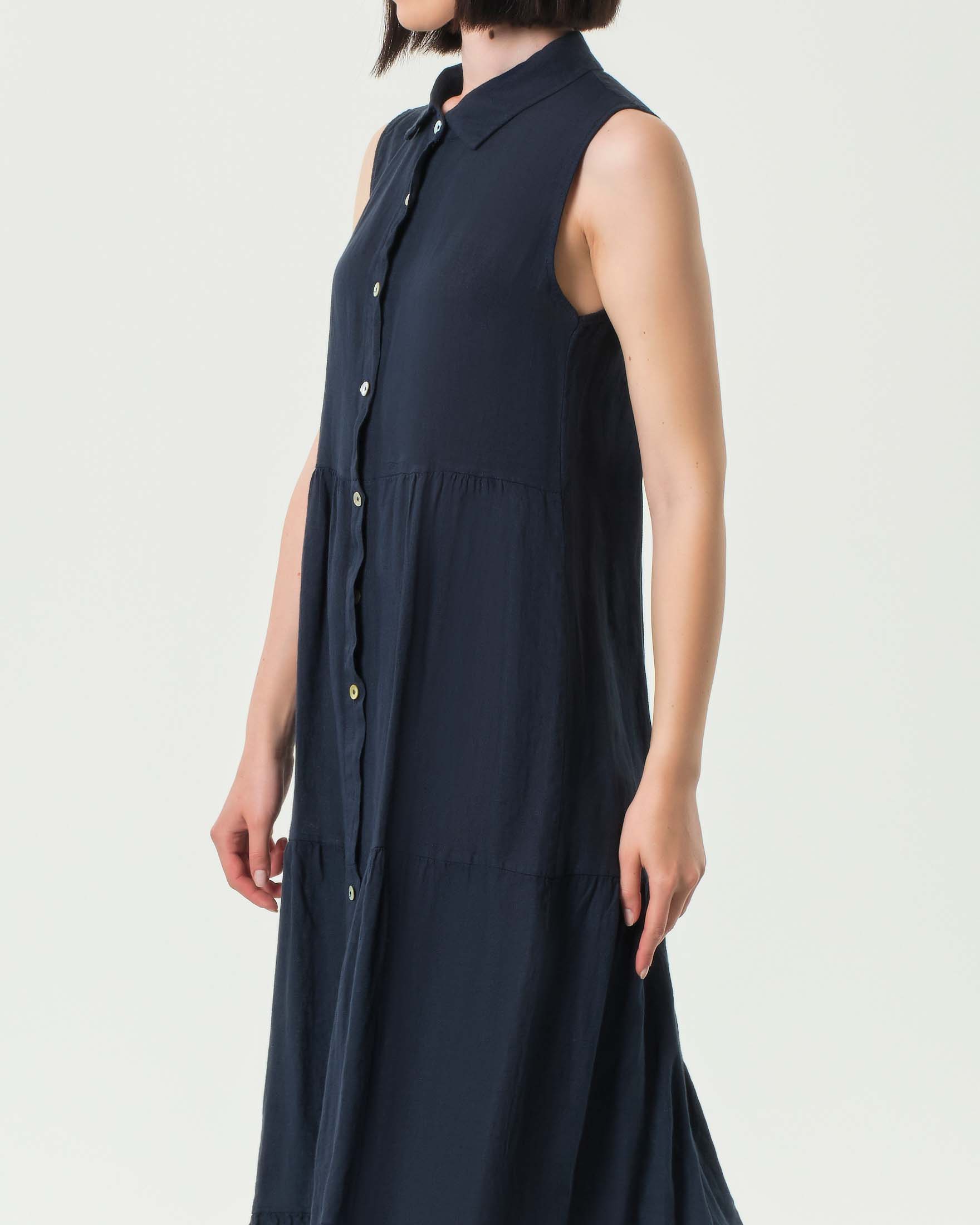 Abito lungo blu Hlo! in puro lino senza maniche con balze image