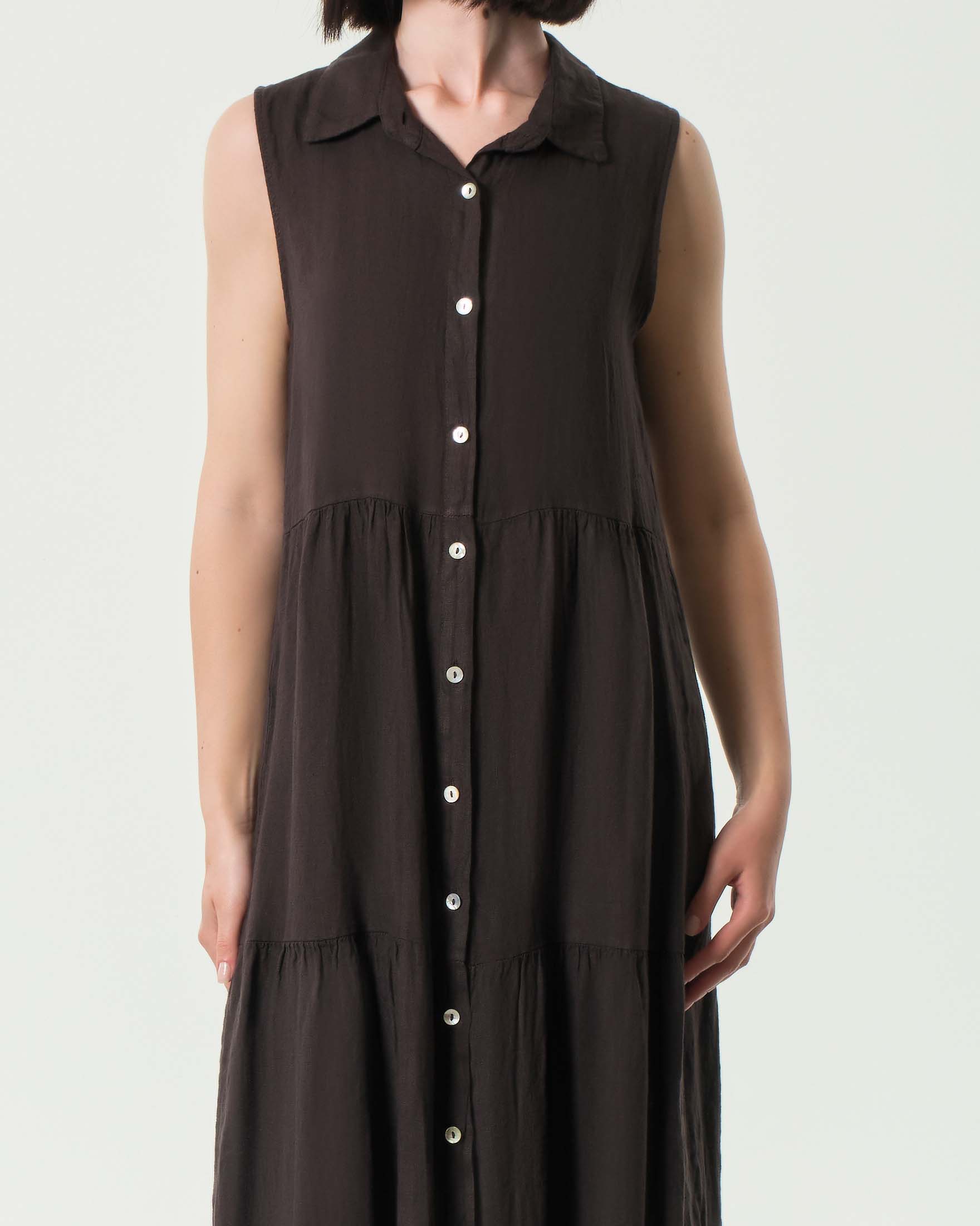 Abito lungo marrone Hlo! in puro lino senza maniche con balze image