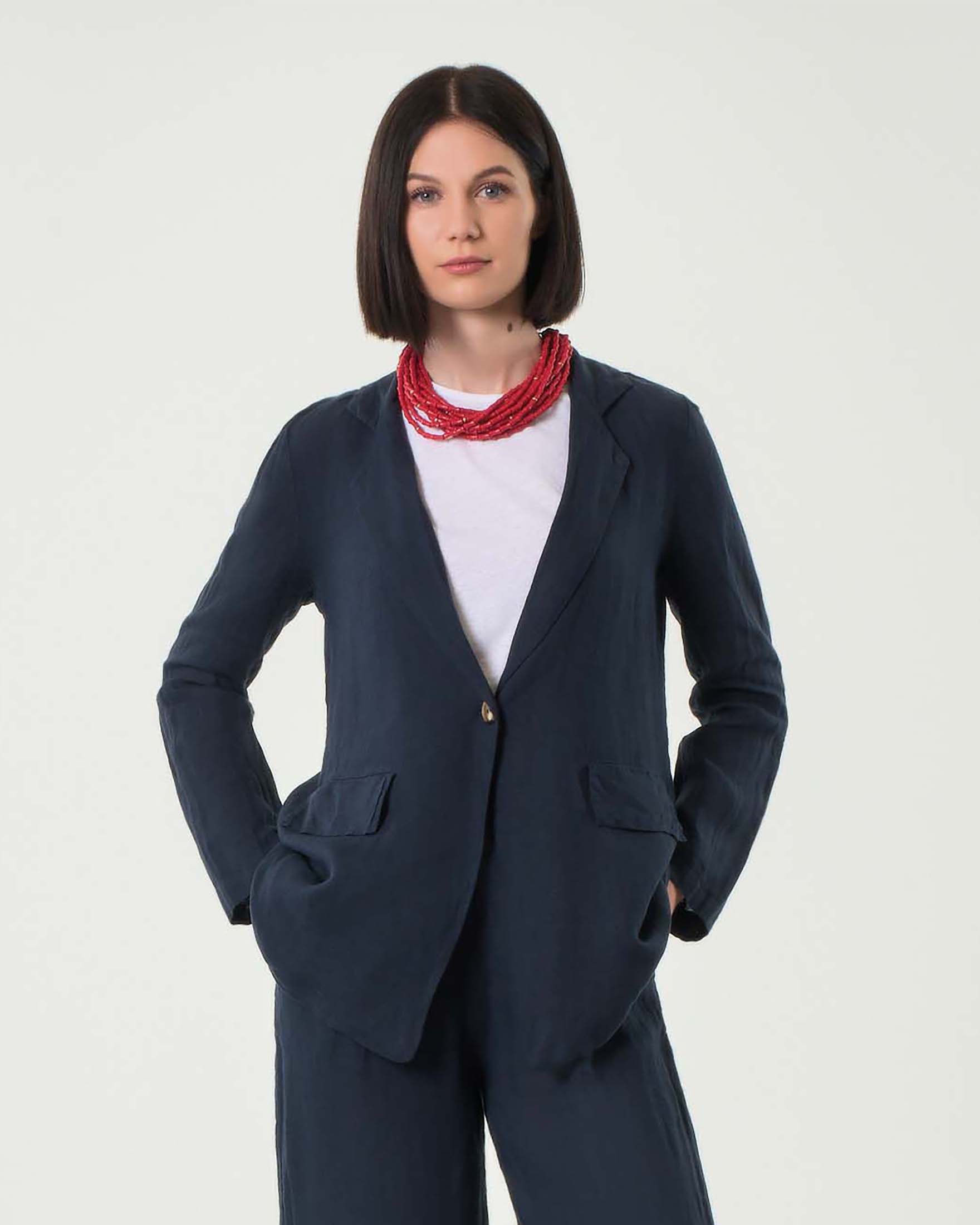 Blazer blu Hlo! a un bottone in puro lino sfoderato con scollo a rever