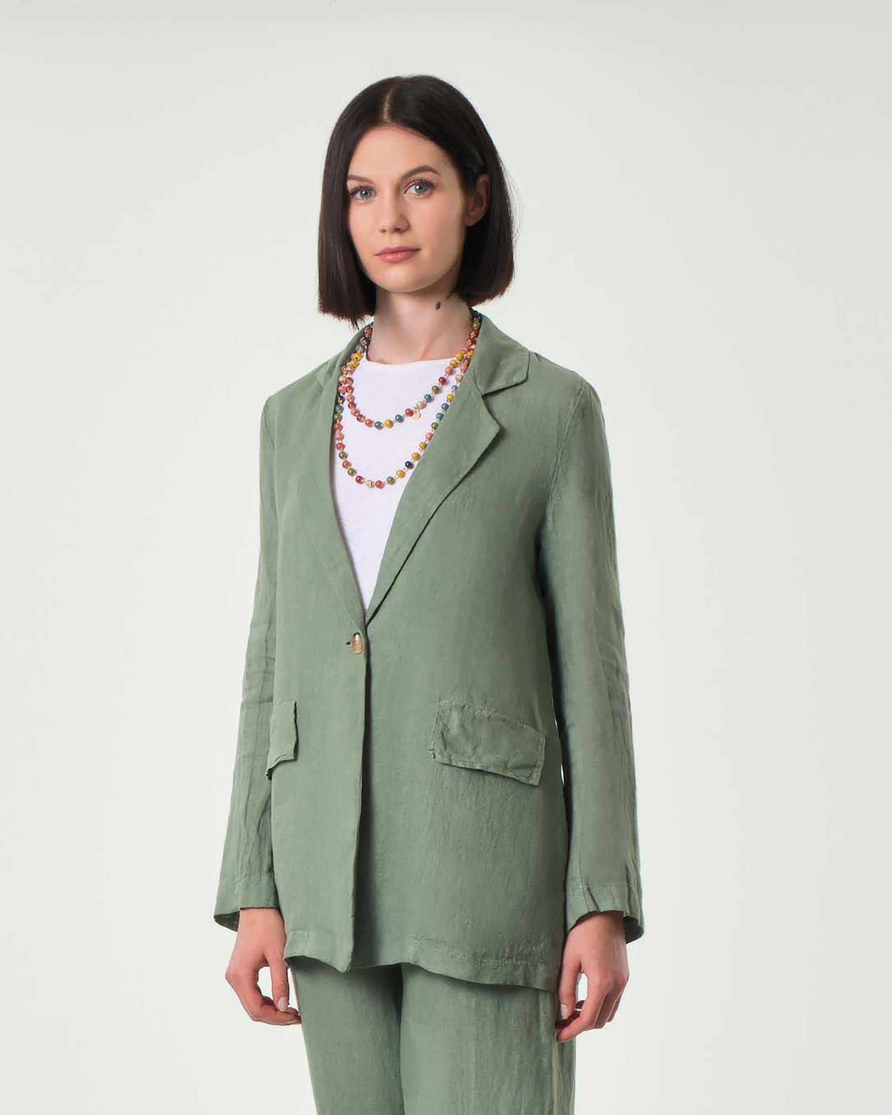 Blazer verde salvia a un bottone in puro lino sfoderato con scollo a rever