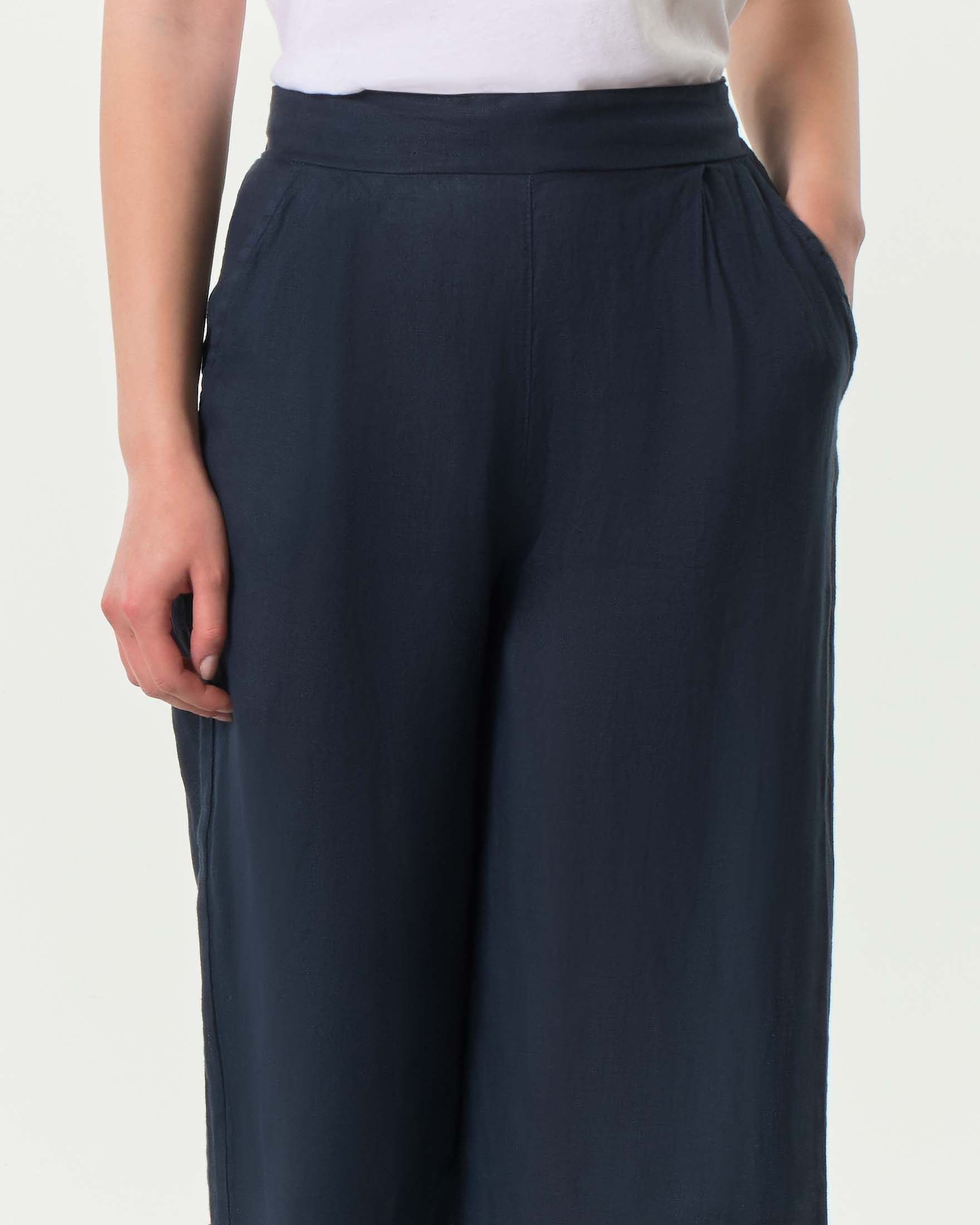 Pantaloni palazzo cropped blu Hlo! in puro lino con elastico in vita