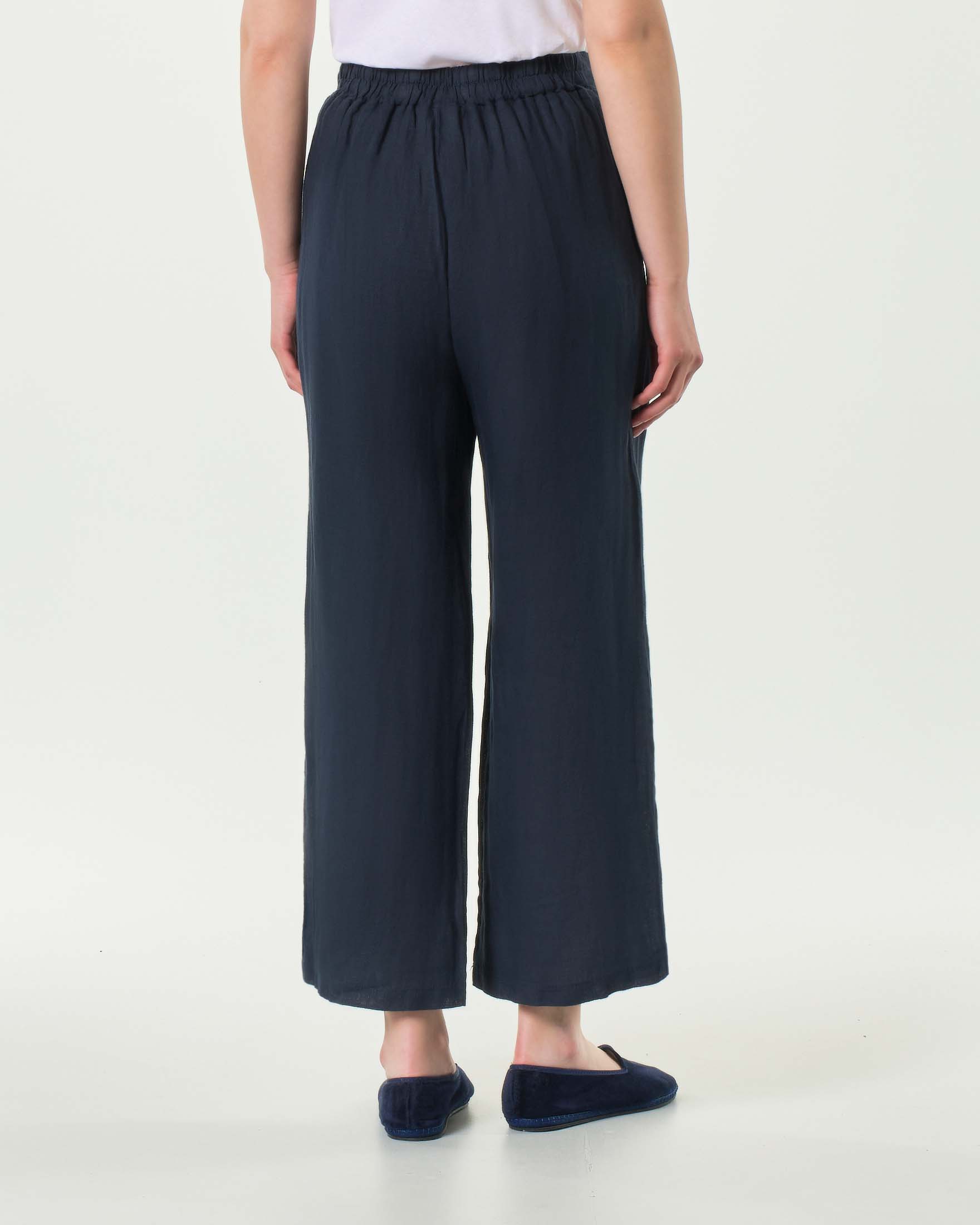 Pantaloni palazzo cropped blu Hlo! in puro lino con elastico in vita