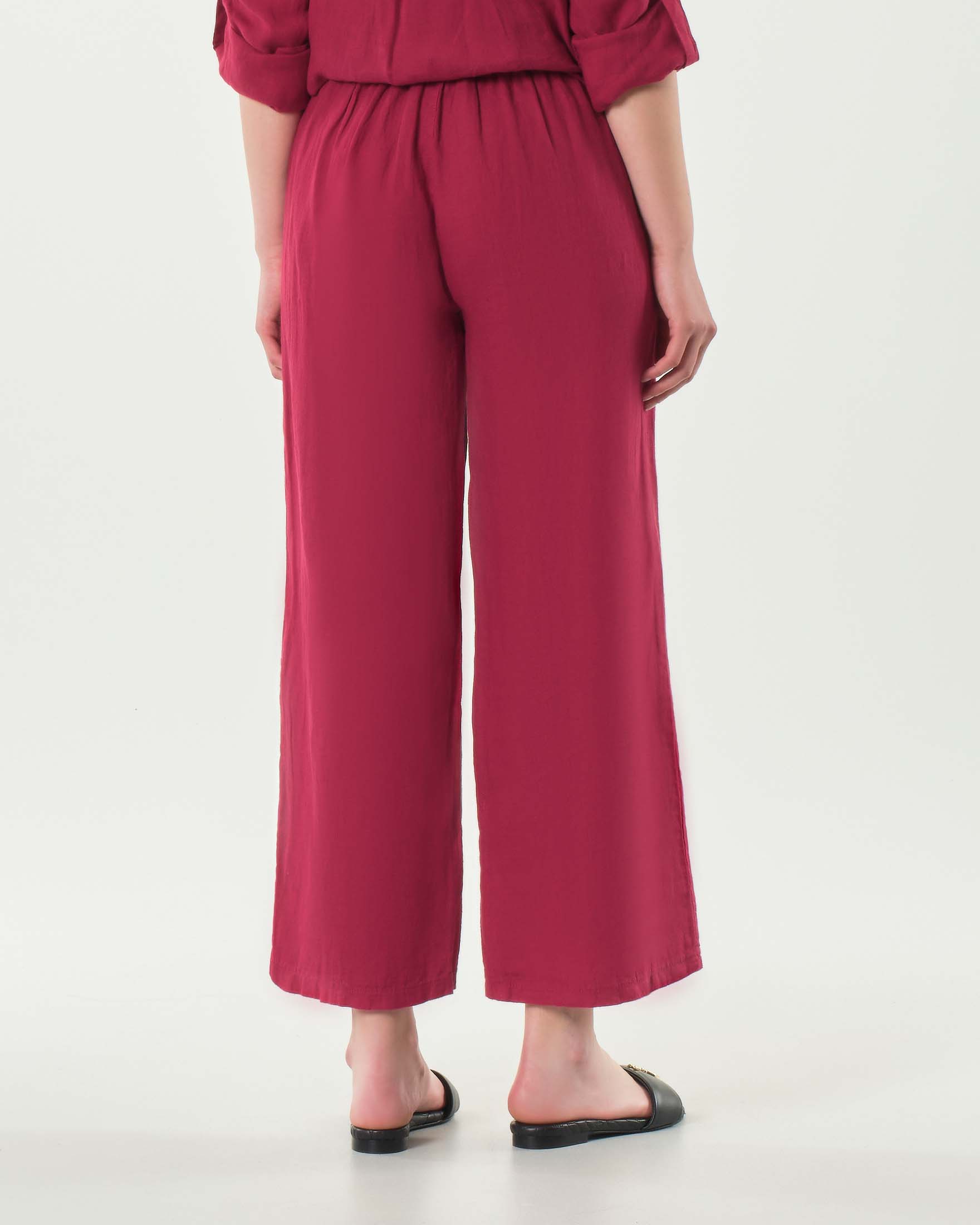 Pantaloni palazzo cropped Hlo! rosso ciliegia in puro lino con elastico in vita