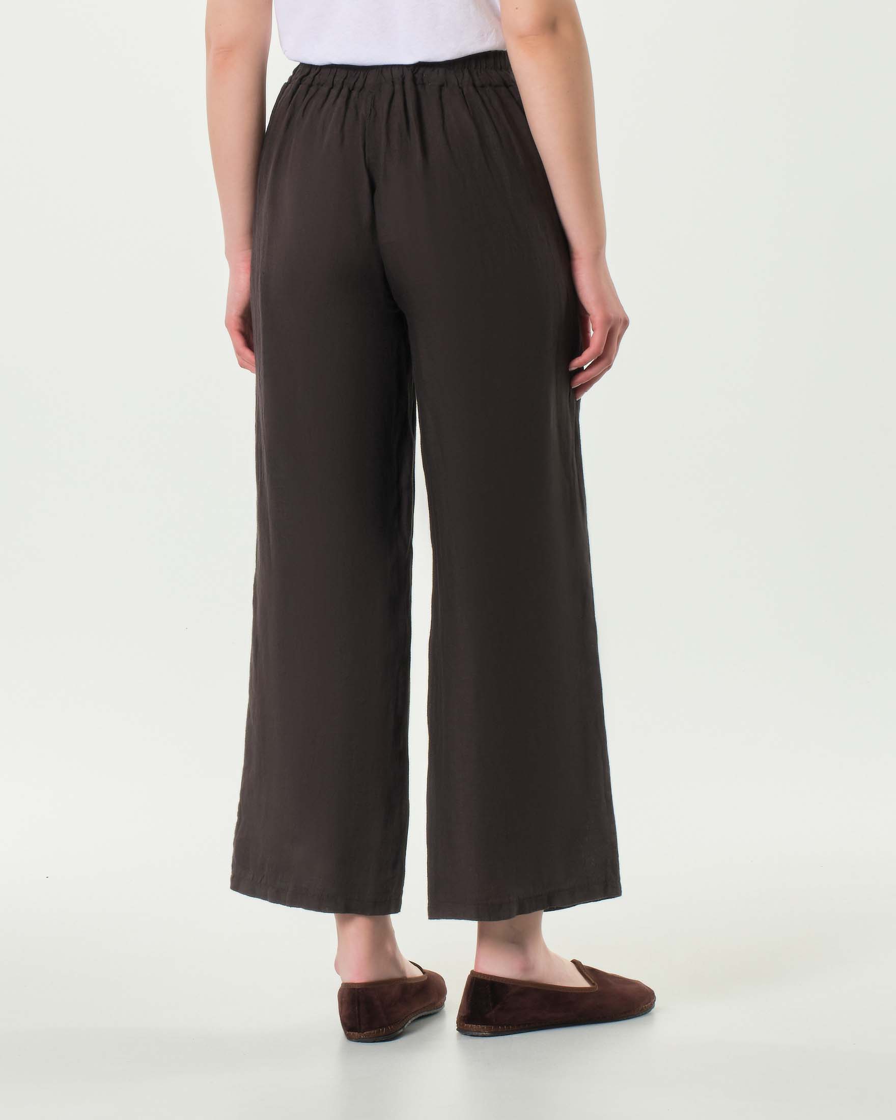 Pantaloni palazzo cropped marroni Hlo! in puro lino con elastico in vita
