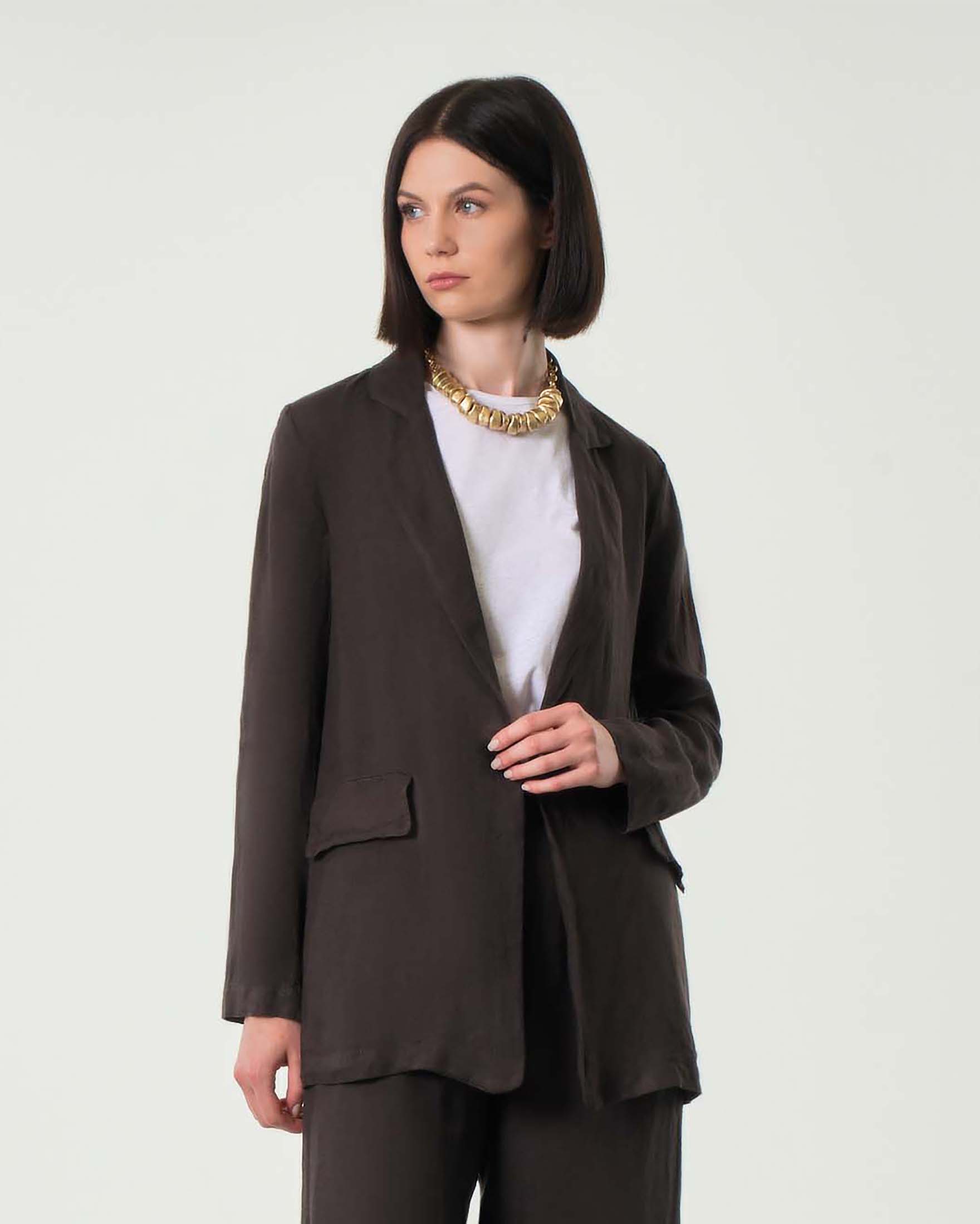 Blazer marrone a un bottone in puro lino sfoderato con scollo a rever
