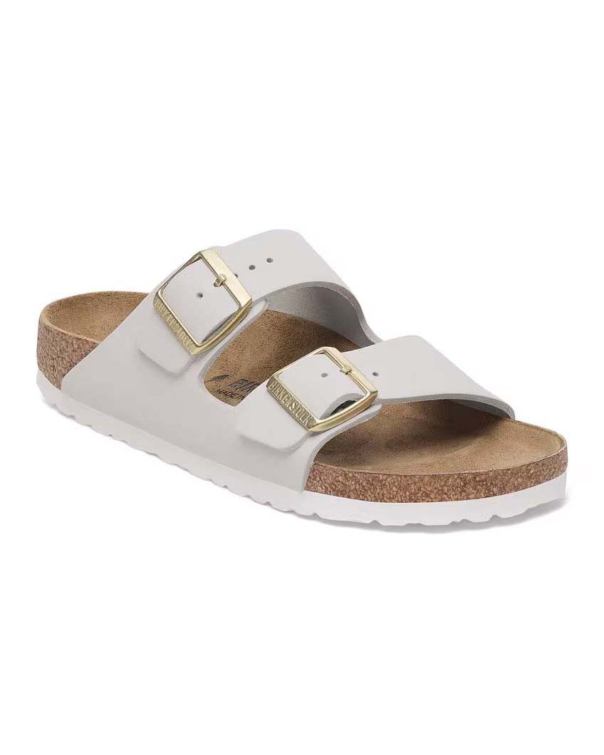 Sandalo Birkenstock Arizona in pelle nabuk bianca con doppia fascetta e fibbie in metallo