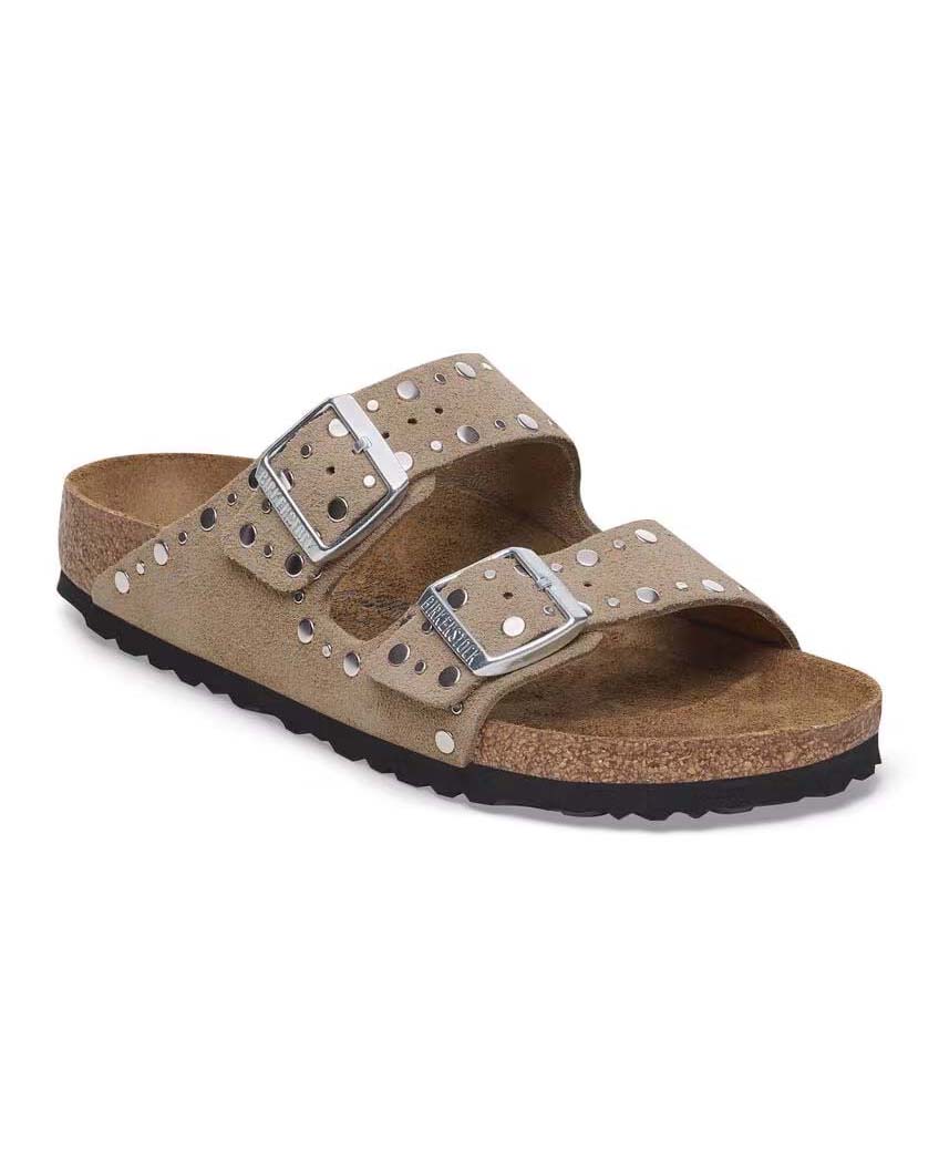 Birkenstock — Sandalo Birkenstock Arizona color taupe in pelle sued con borchie argento applicate e doppia fascetta