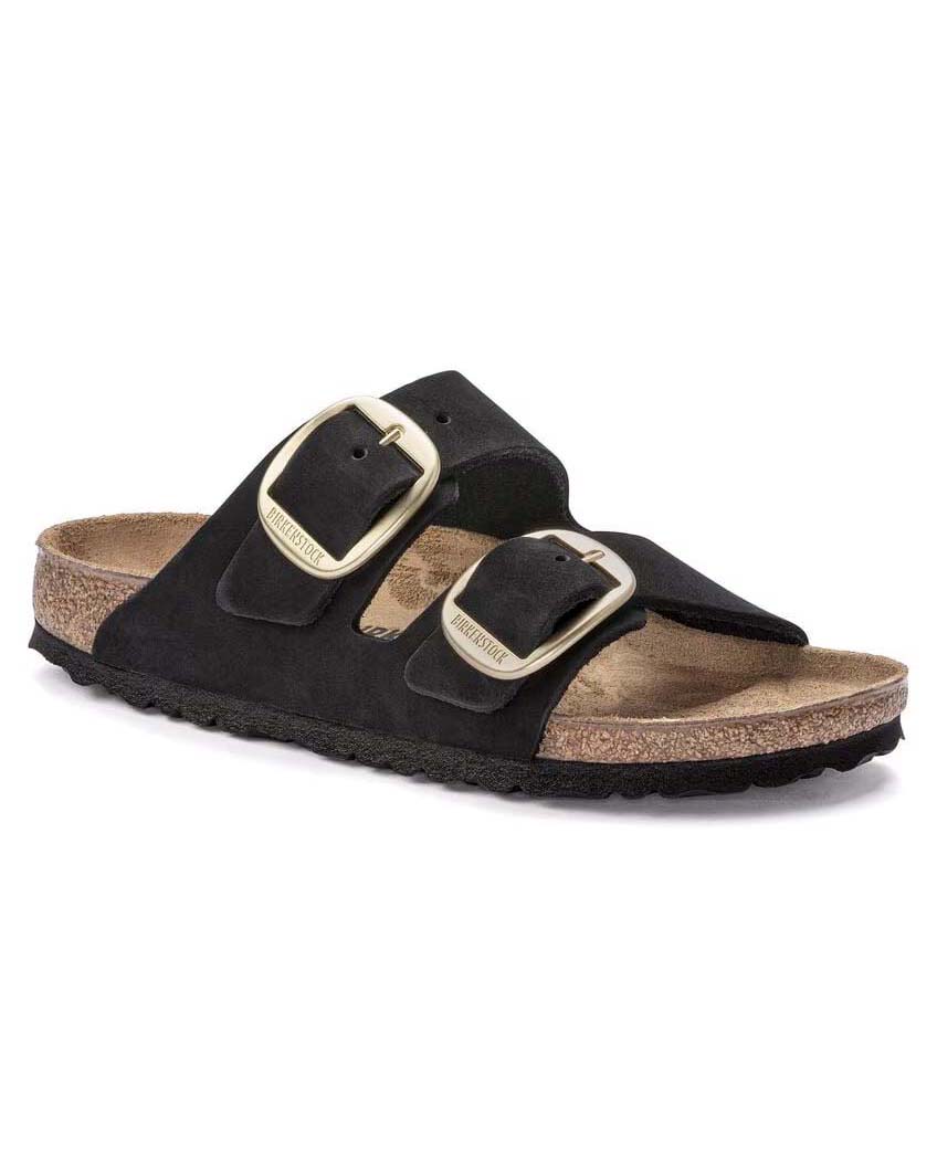 Sandalo Arizona Big buckle nero in nabuk a doppia fascetta con fibbie dorate