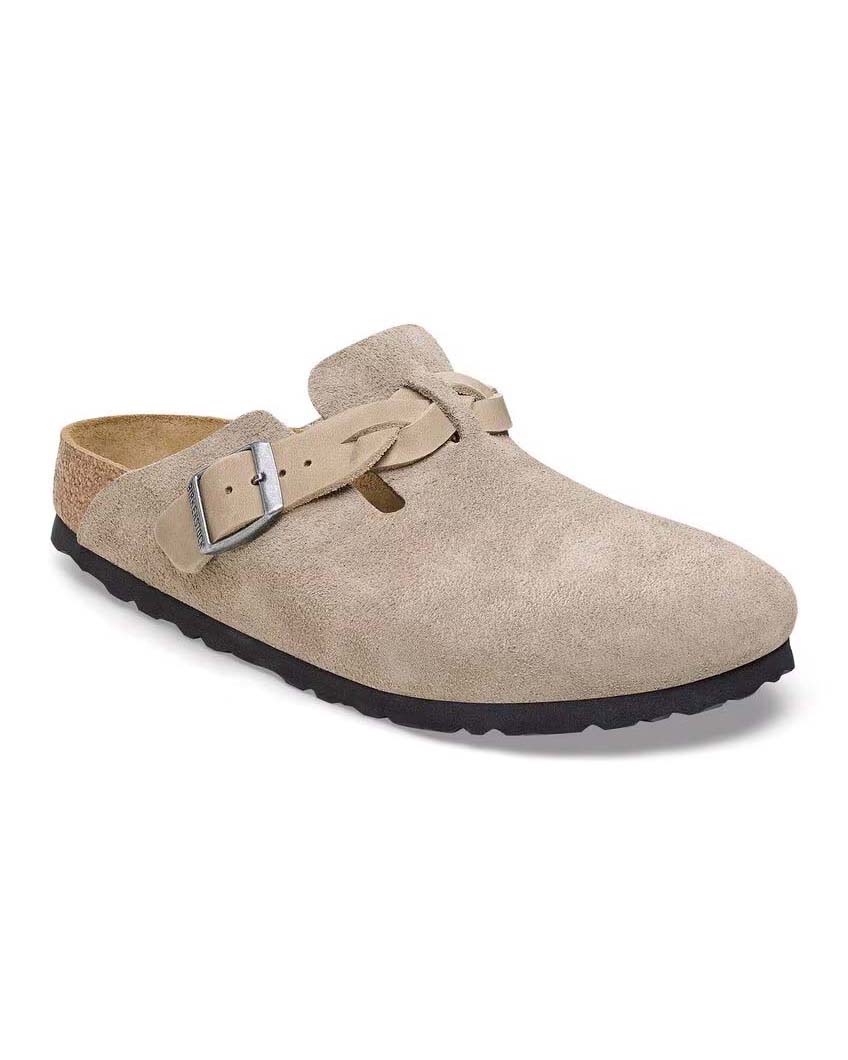 Sabot Boston Bikenstock in pelle scamosciata color taupe con fascetta laterale intrecciata e fibbia in metallo