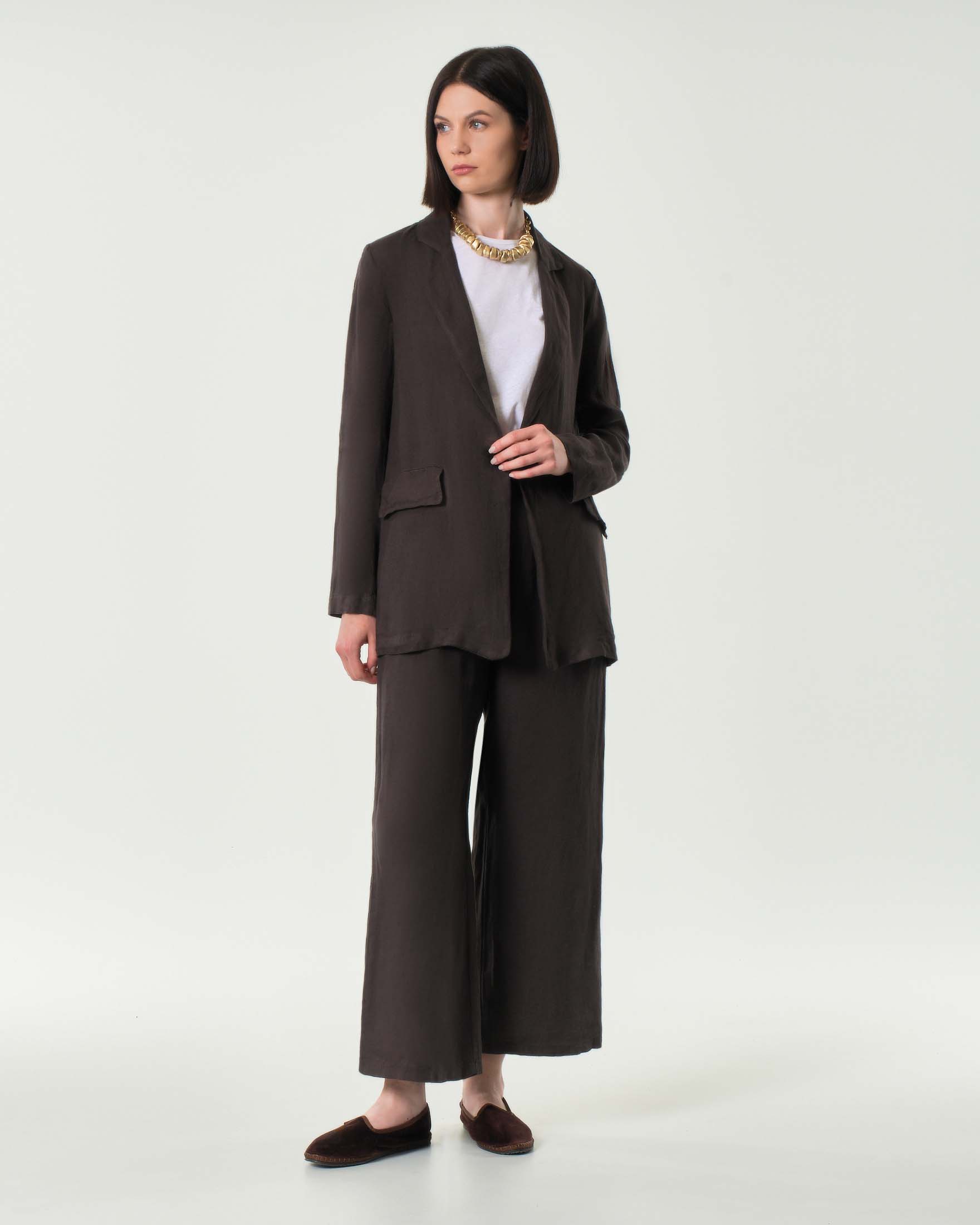 Pantaloni palazzo cropped marroni Hlo! in puro lino con elastico in vita