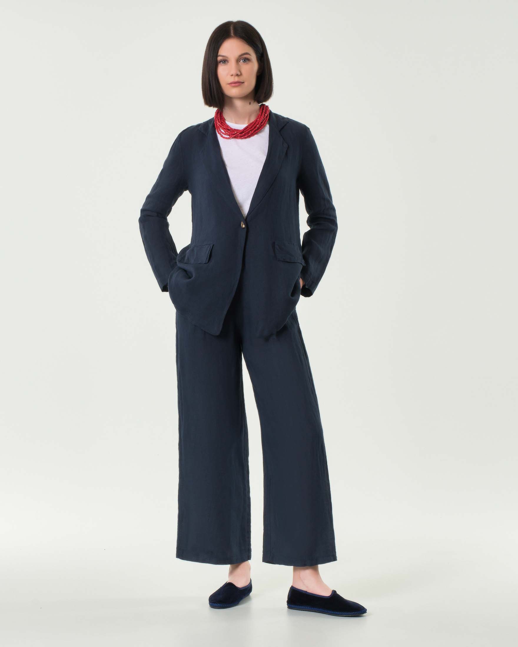 Pantaloni palazzo cropped blu Hlo! in puro lino con elastico in vita