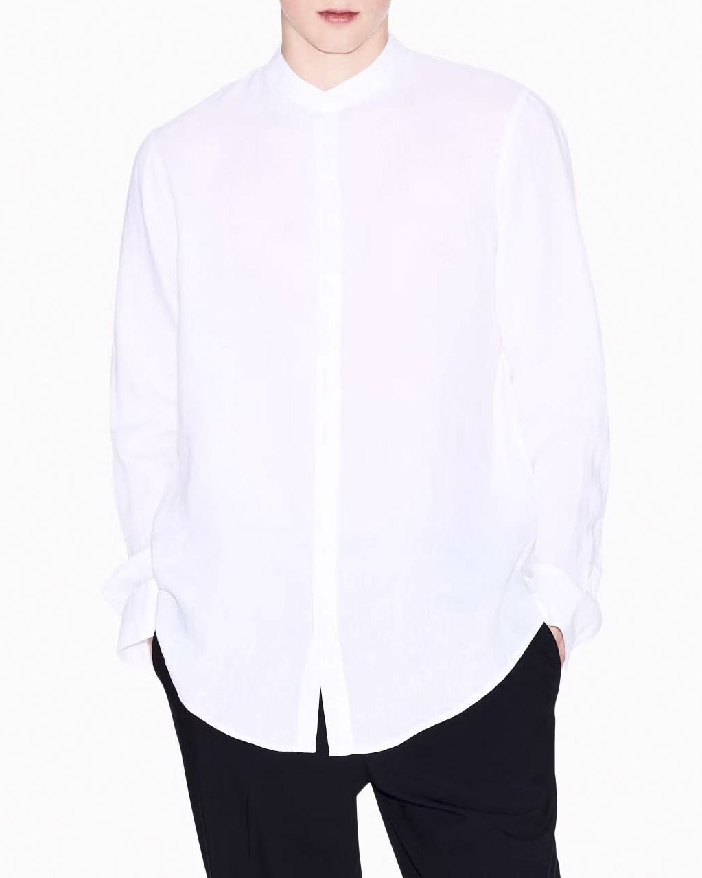 Camicia Exchange bianca in puro lino con colletto a coreana
