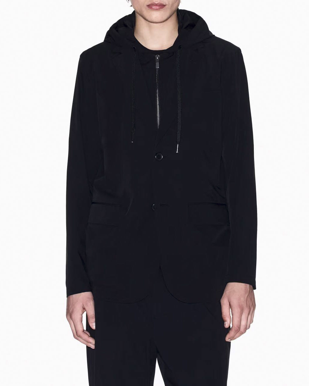 Giacca Armani Exchange nera in tessuto tecnico stretch con davantino e cappuccio staccabili