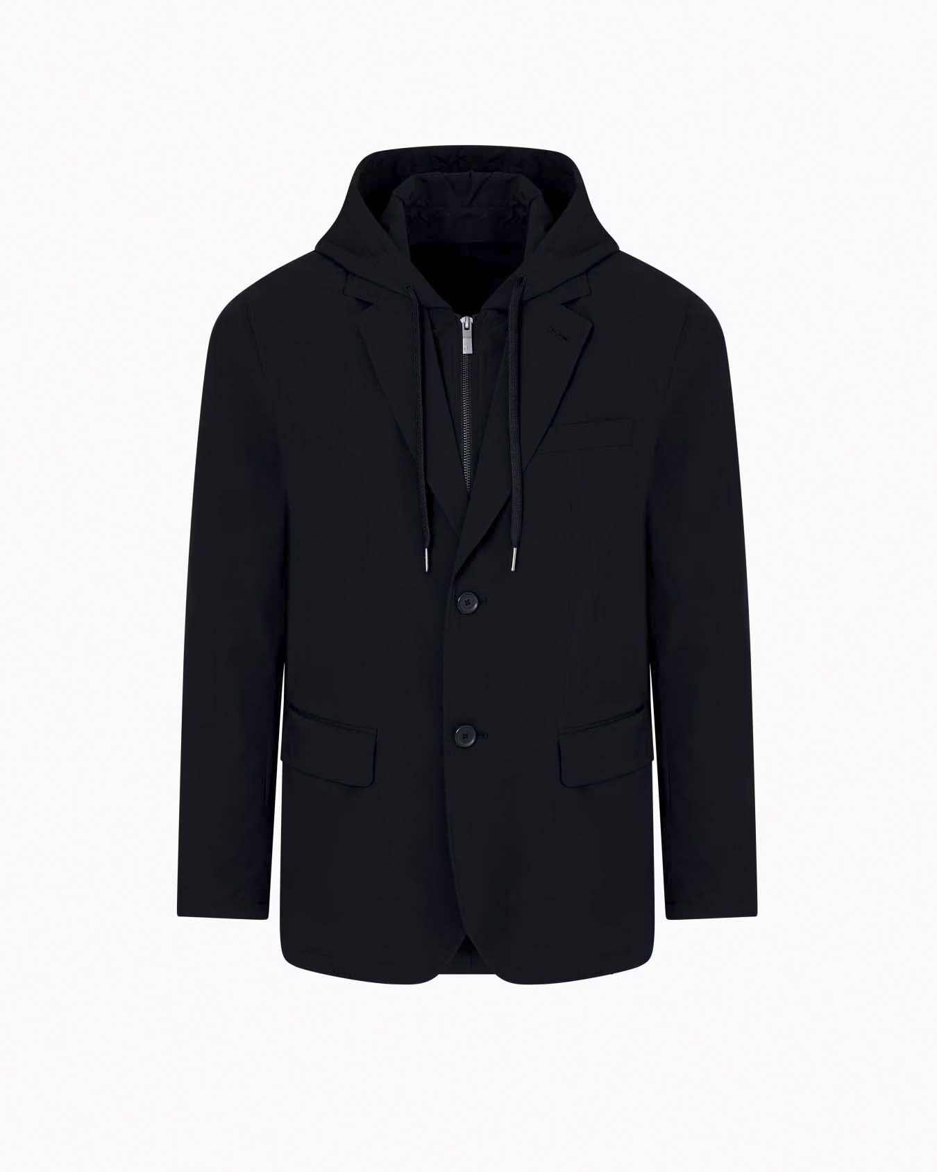 Giacca Armani Exchange nera in tessuto tecnico stretch con davantino e cappuccio staccabili
